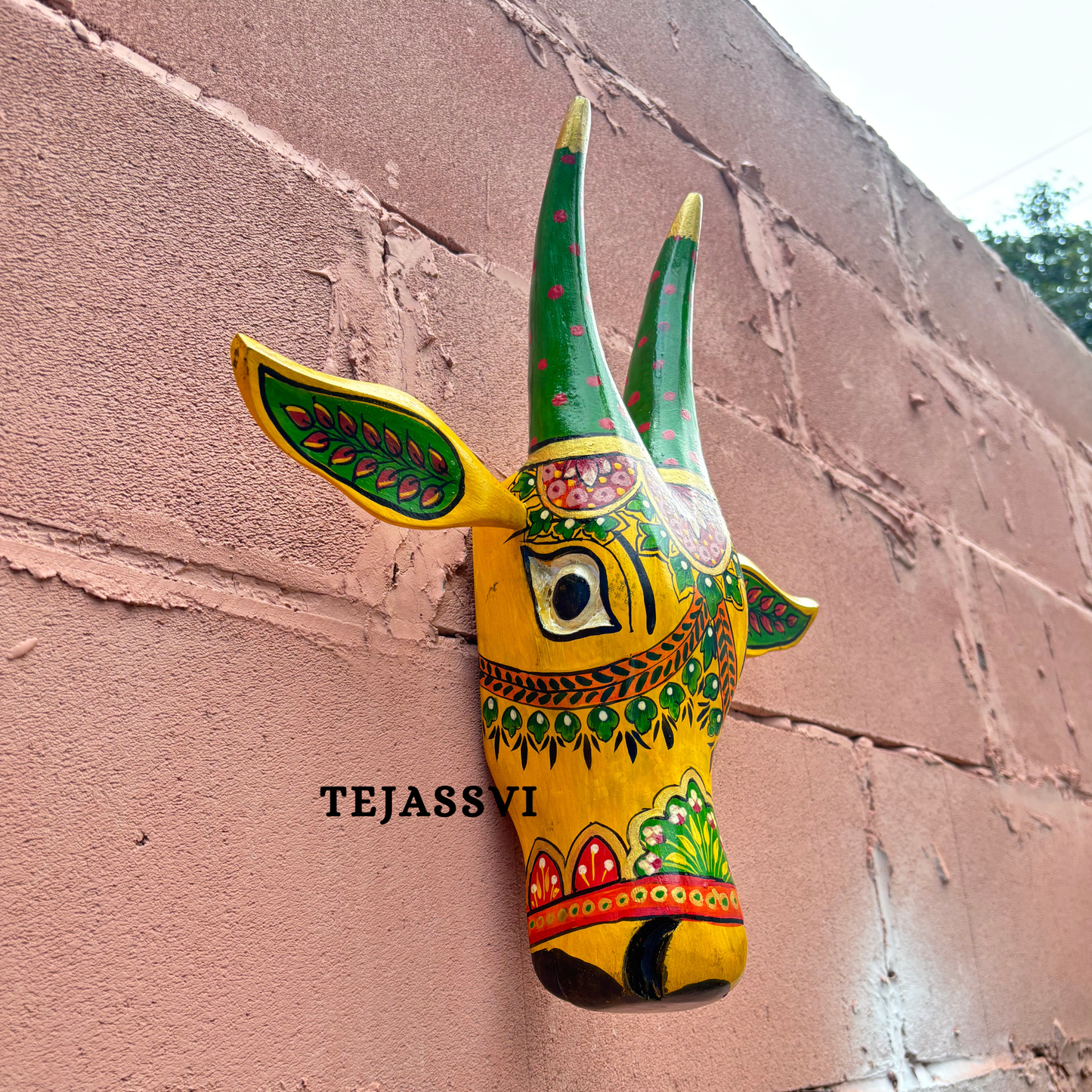 Wooden Painted Cow Head 16 Inches| Bull | Nandi Head Mask Wall Décor. Wooden Wall Hanging. Ethnic Indian Art.