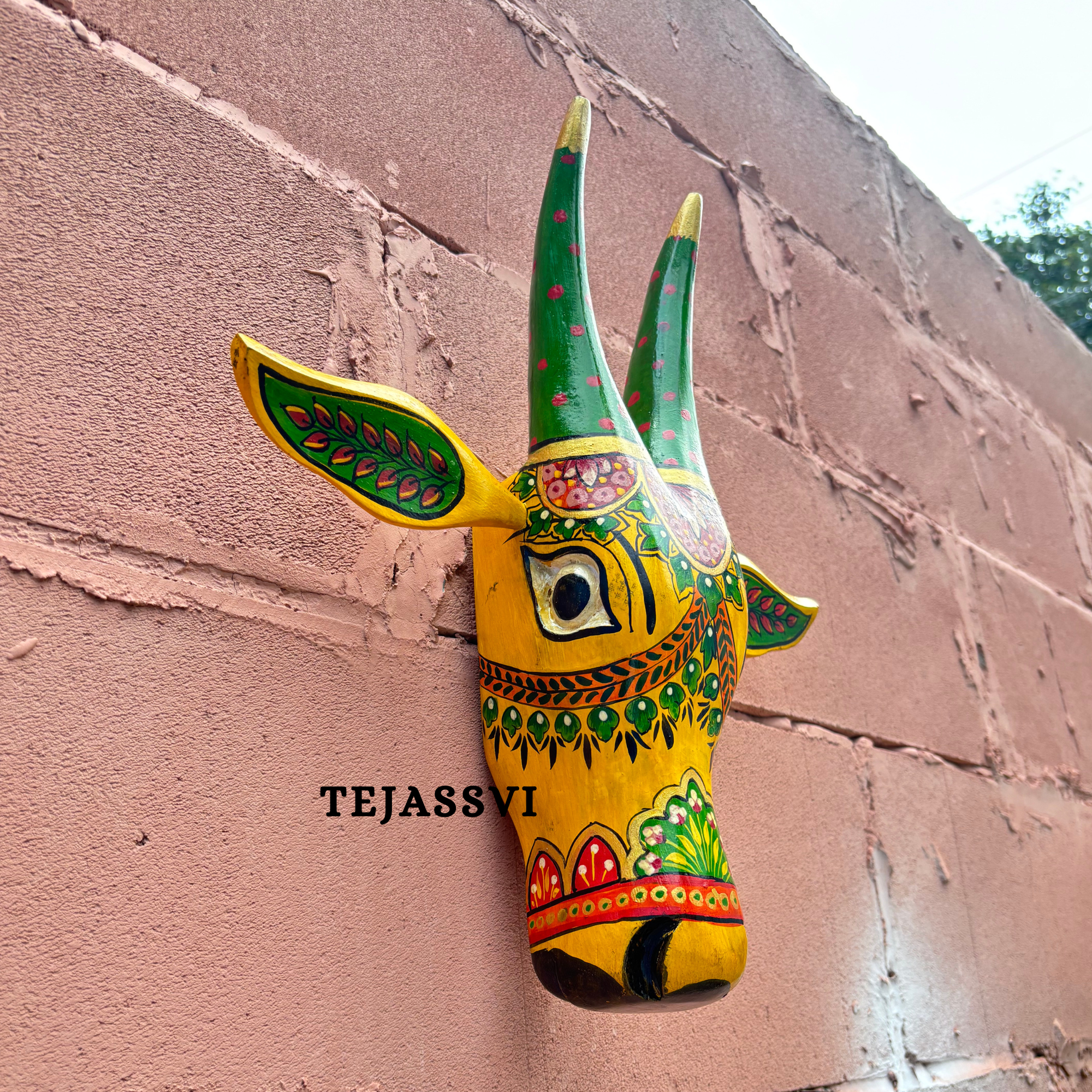 Wooden Painted Cow Head 15 Inches| Bull | Nandi Head Mask Wall Décor. Wooden Wall Hanging. Ethnic Indian Art.