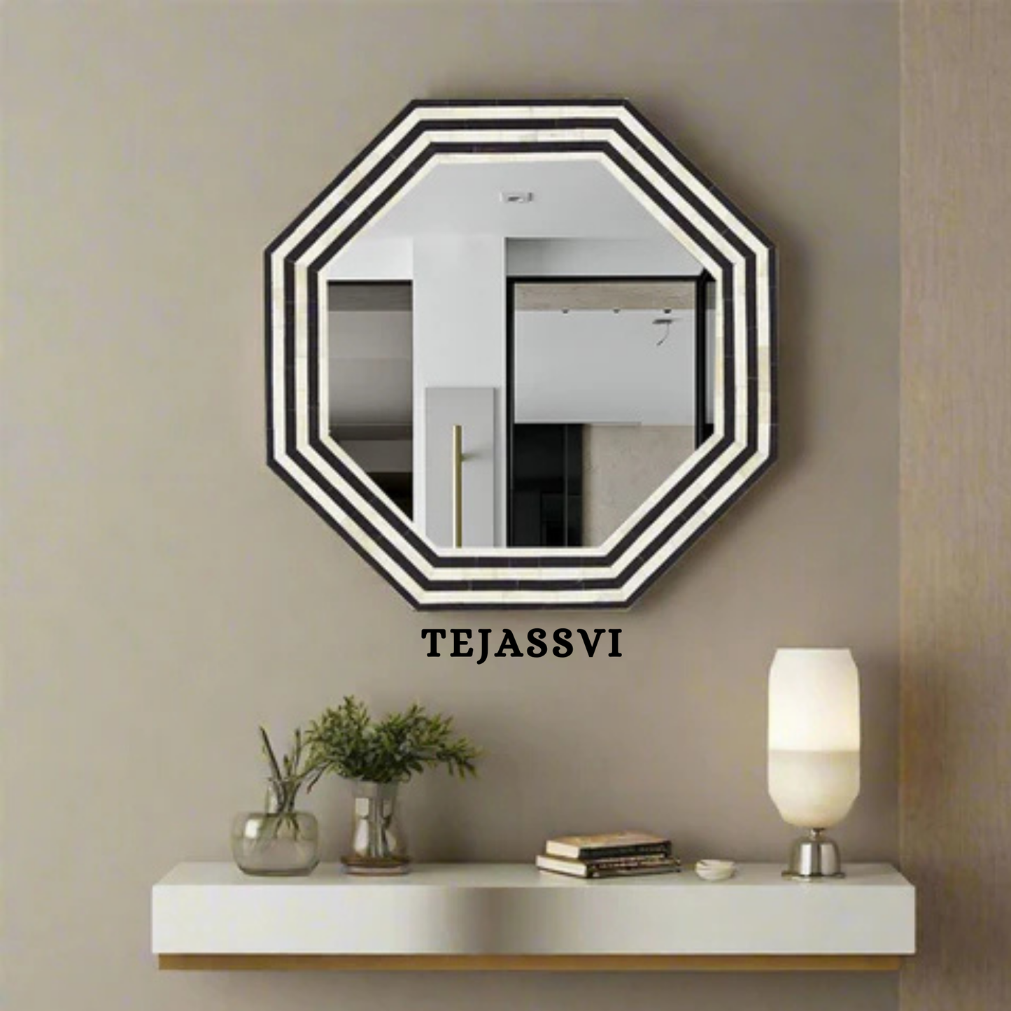 Bone Inlay Wall Mirror with Black Resin Stripe Design For Wall Décor