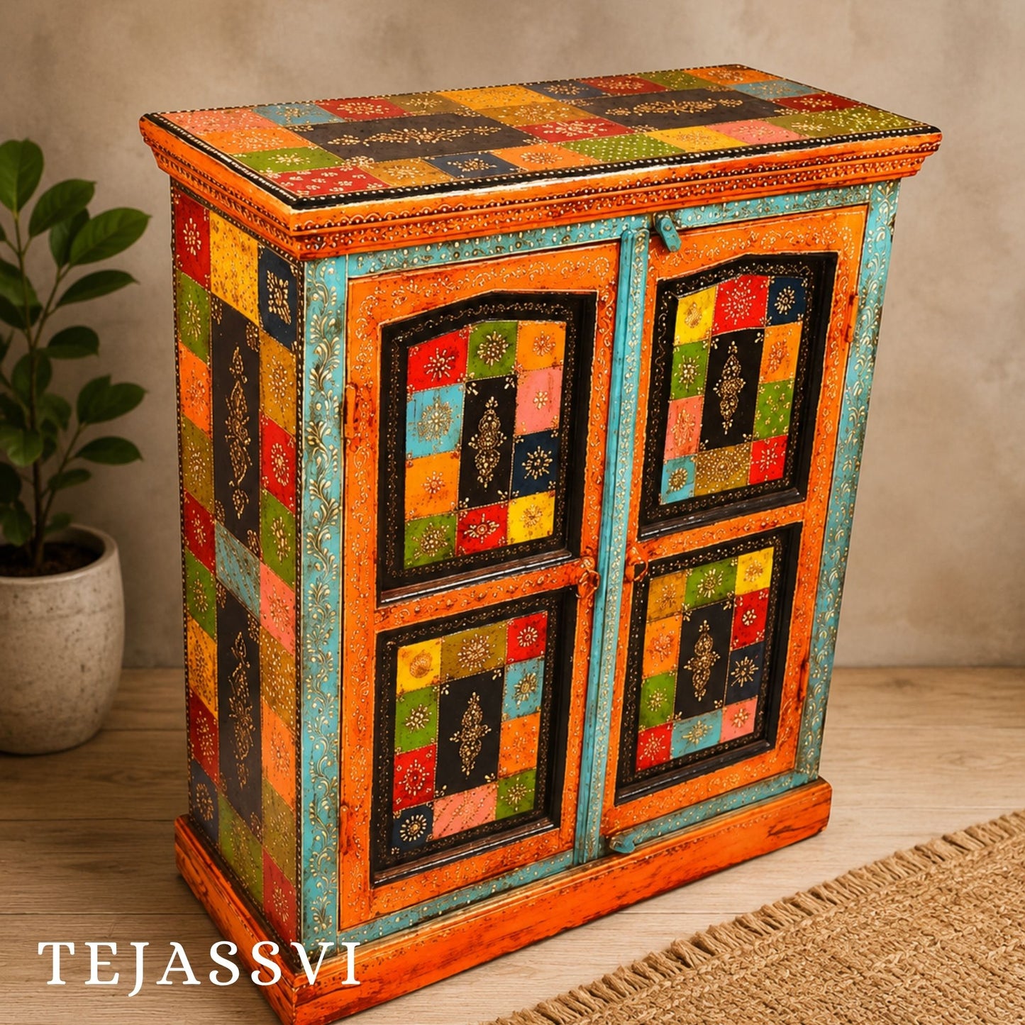 Wooden Indian Beautiful Hand Painting Side Board / Handmade Furniture / Side Table Indian Handicrafts Décor / Home Cupboard / Storage Cabinet.