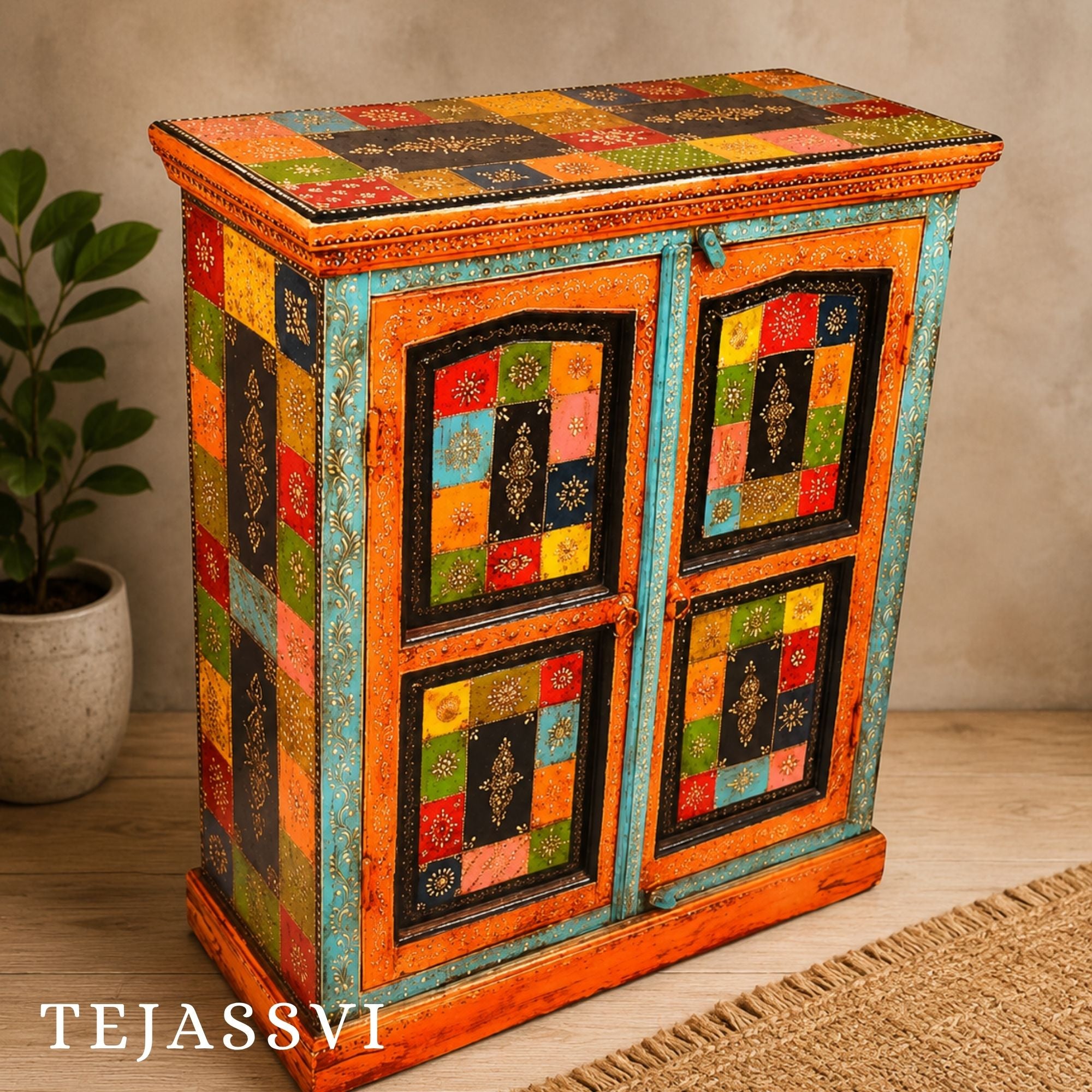 Wooden Indian Beautiful Hand Painting Side Board / Handmade Furniture / Side Table Indian Handicrafts Décor / Home Cupboard / Storage Cabinet.