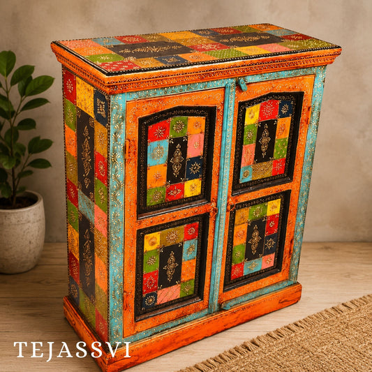 Wooden Indian Beautiful Hand Painting Side Board / Handmade Furniture / Side Table Indian Handicrafts Décor / Home Cupboard / Storage Cabinet.
