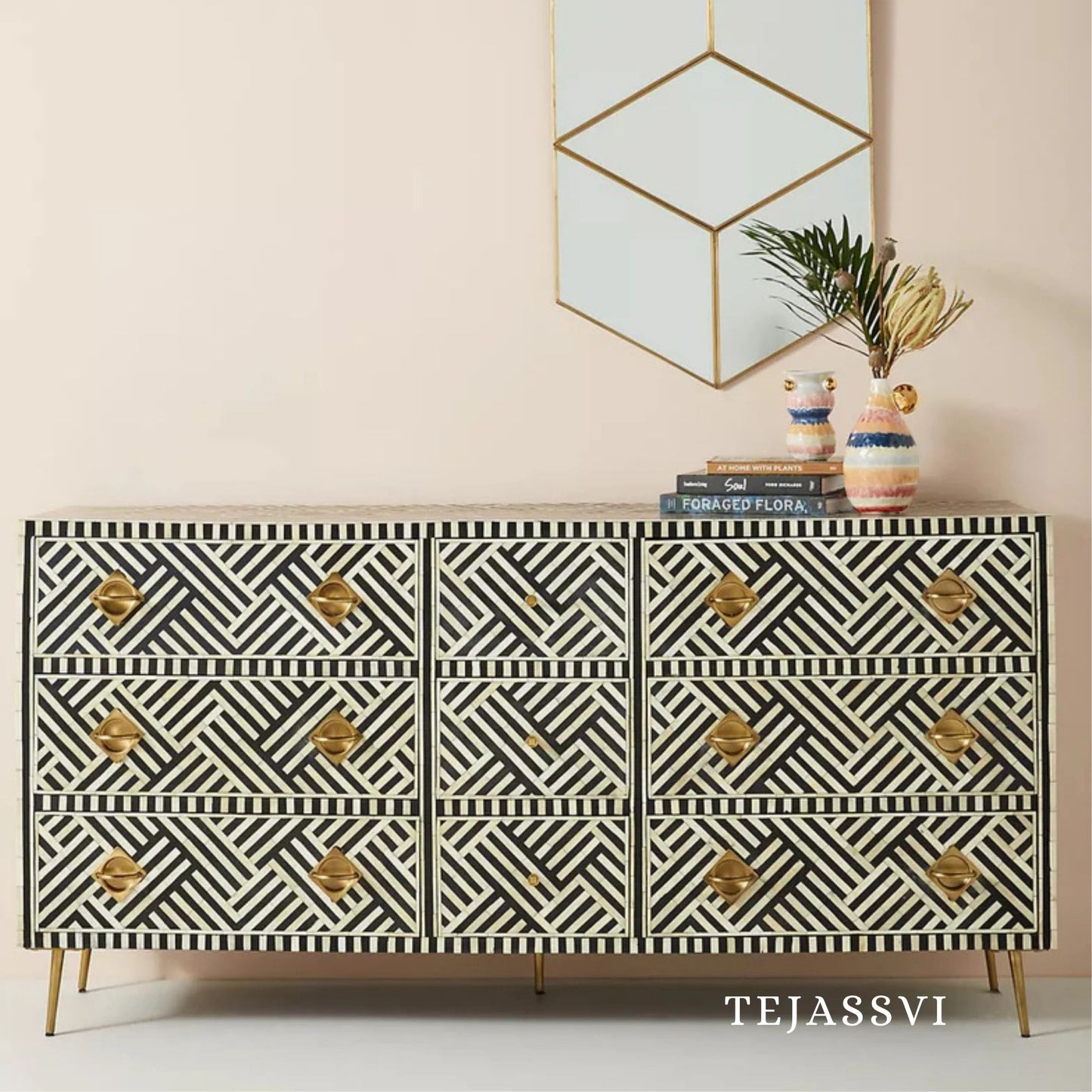 Wooden Bone Inlay Sideboard / Wooden Bone Inlay 9 Drawer Dresser / Bone Inlay Chest of 9 Drawer / Bone Inlay Buffet Large Dresser / Storage Unit.