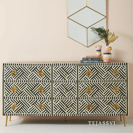Wooden Bone Inlay Sideboard / Wooden Bone Inlay 9 Drawer Dresser / Bone Inlay Chest of 9 Drawer / Bone Inlay Buffet Large Dresser / Storage Unit.