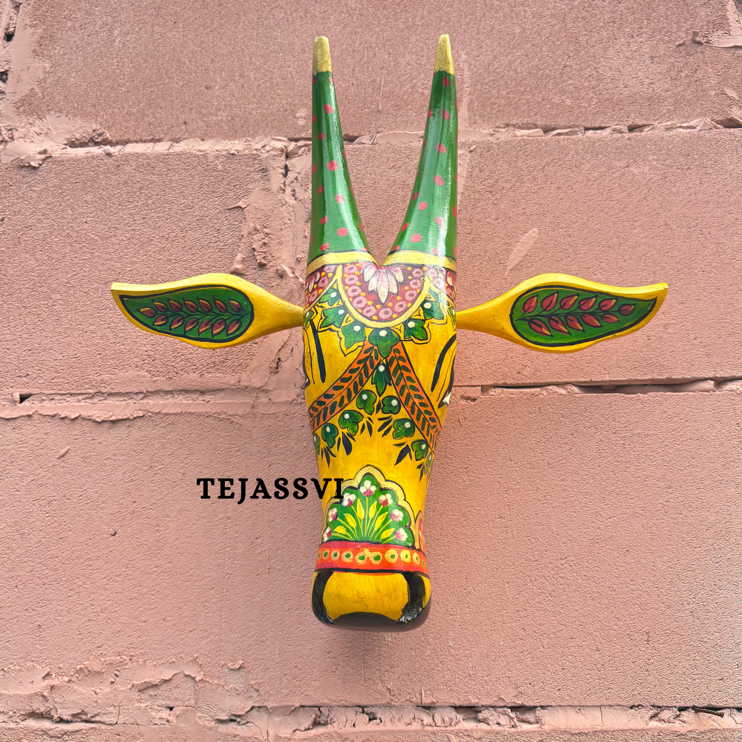 Wooden Painted Cow Head 16 Inches| Bull | Nandi Head Mask Wall Décor. Wooden Wall Hanging. Ethnic Indian Art.