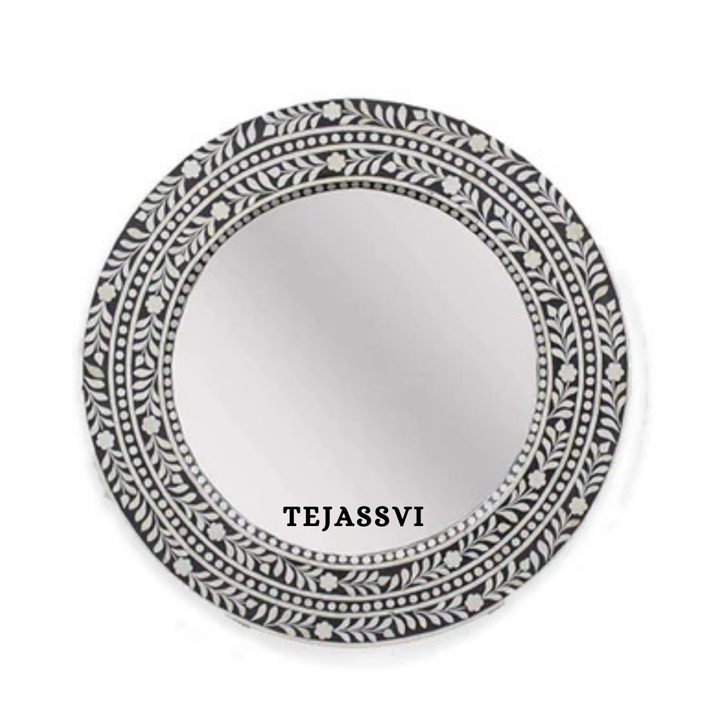 Bone Inlay Floral Design Black Wall Mirror for Wall Hanging Décor.