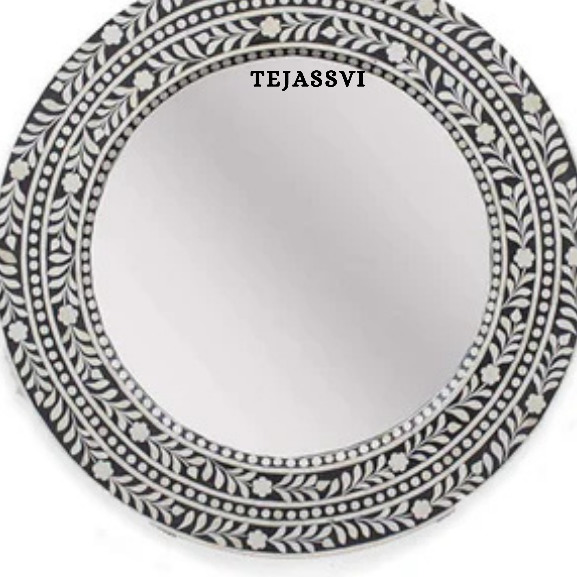 Bone Inlay Floral Design Black Wall Mirror for Wall Hanging Décor.