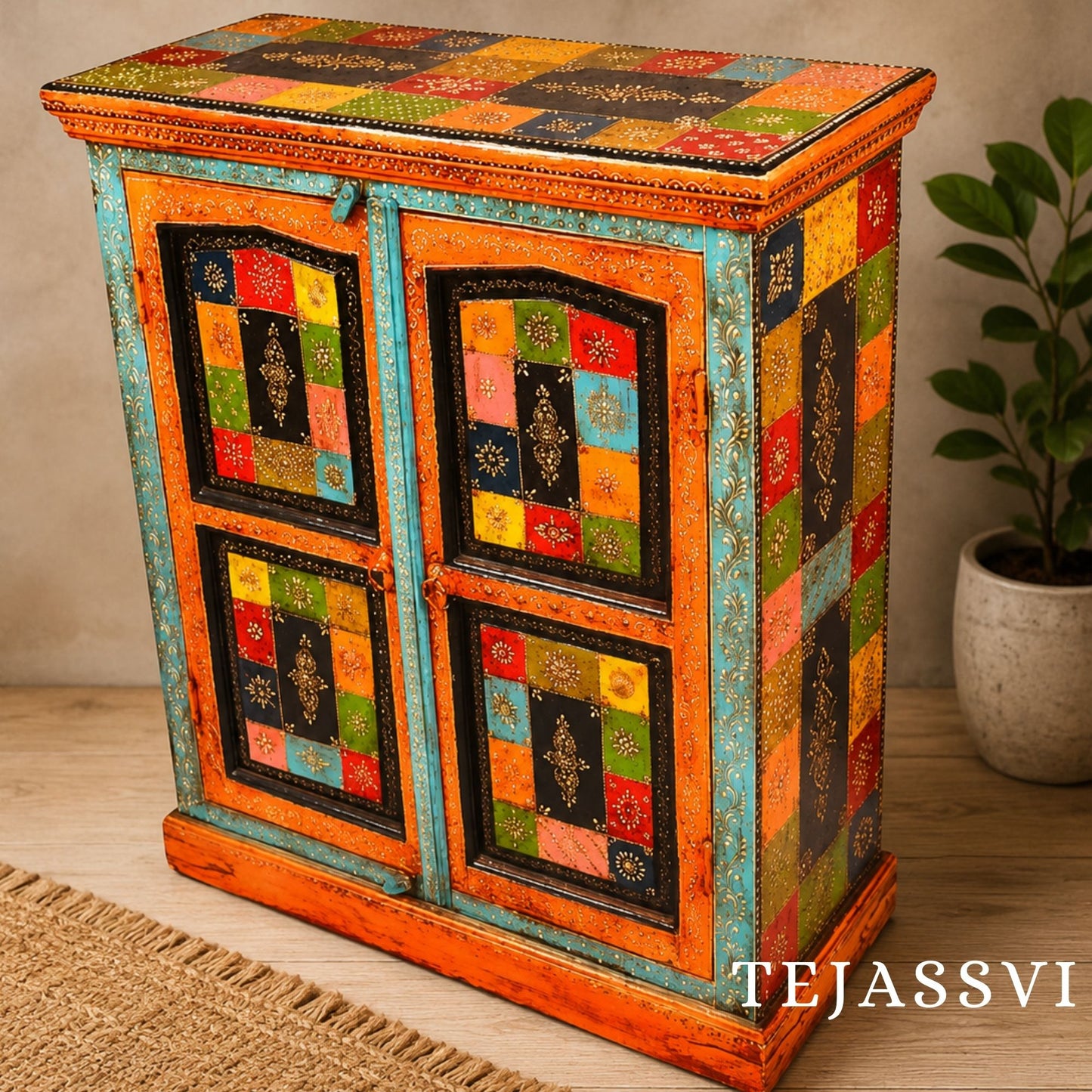 Wooden Indian Beautiful Hand Painting Side Board / Handmade Furniture / Side Table Indian Handicrafts Décor / Home Cupboard / Storage Cabinet.