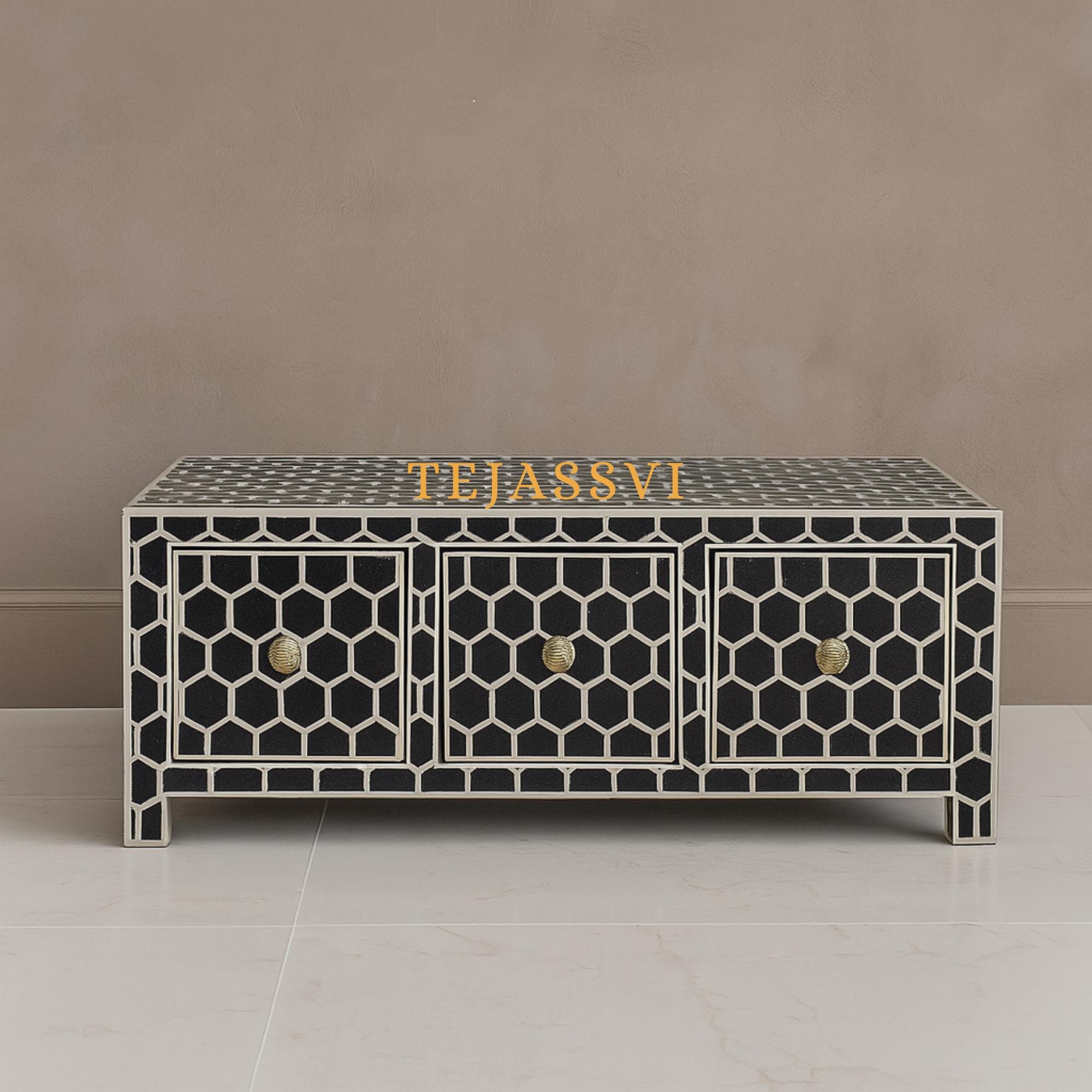 Handmade Bone inlay Coffee Table with Storage | Black Honeycomb Pattern Center table, Bone Inlay Furniture Cocktail Table, Luxury Furniture