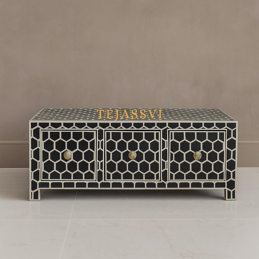 Handmade Bone inlay Coffee Table with Storage | Black Honeycomb Pattern Center table, Bone Inlay Furniture Cocktail Table, Luxury Furniture