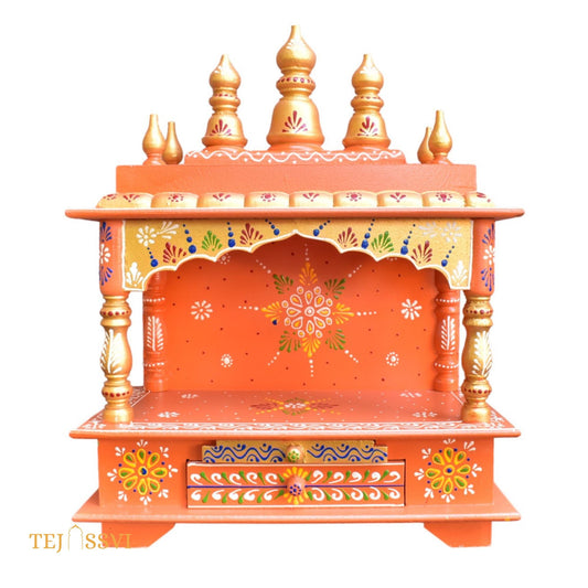 Orange Wooden Open Temple Pooja Mandir | Beautiful Wall Hanging Small Wooden Temple for Home | Wooden Prayer Room, Alter, Shrine, Pooja Ghar