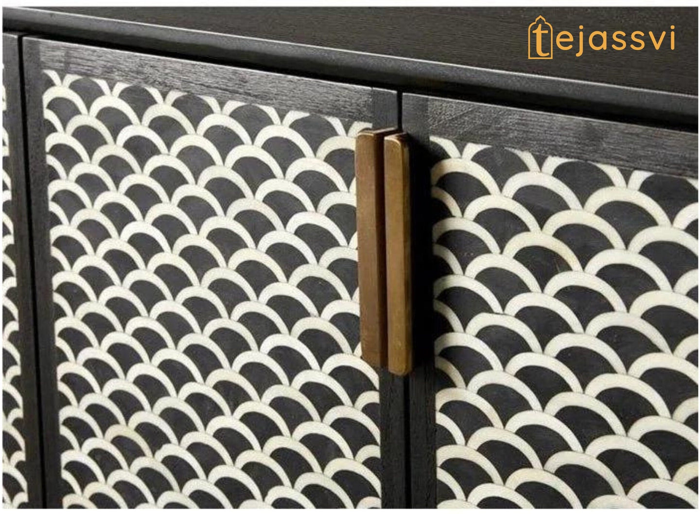 Modern and Luxury Bone Inlay Fish Scale Pattern Bar Cabinet | Handmade Inlay Storage Unit in Black Color | Bone Inlay Beer Storage Furniture