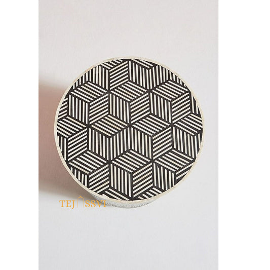 Handmade Bone inlay Round black stripe Design stool| Tribal Bone Inlay Stool in Brown | sofa side Table, Modern Luxury Furniture.