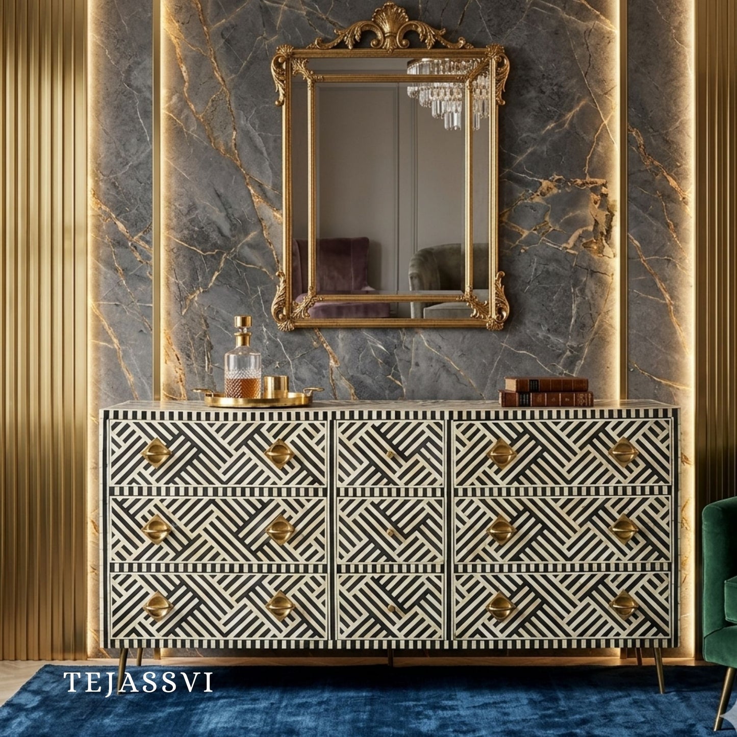 Wooden Bone Inlay Sideboard / Wooden Bone Inlay 9 Drawer Dresser / Bone Inlay Chest of 9 Drawer / Bone Inlay Buffet Large Dresser / Storage Unit.