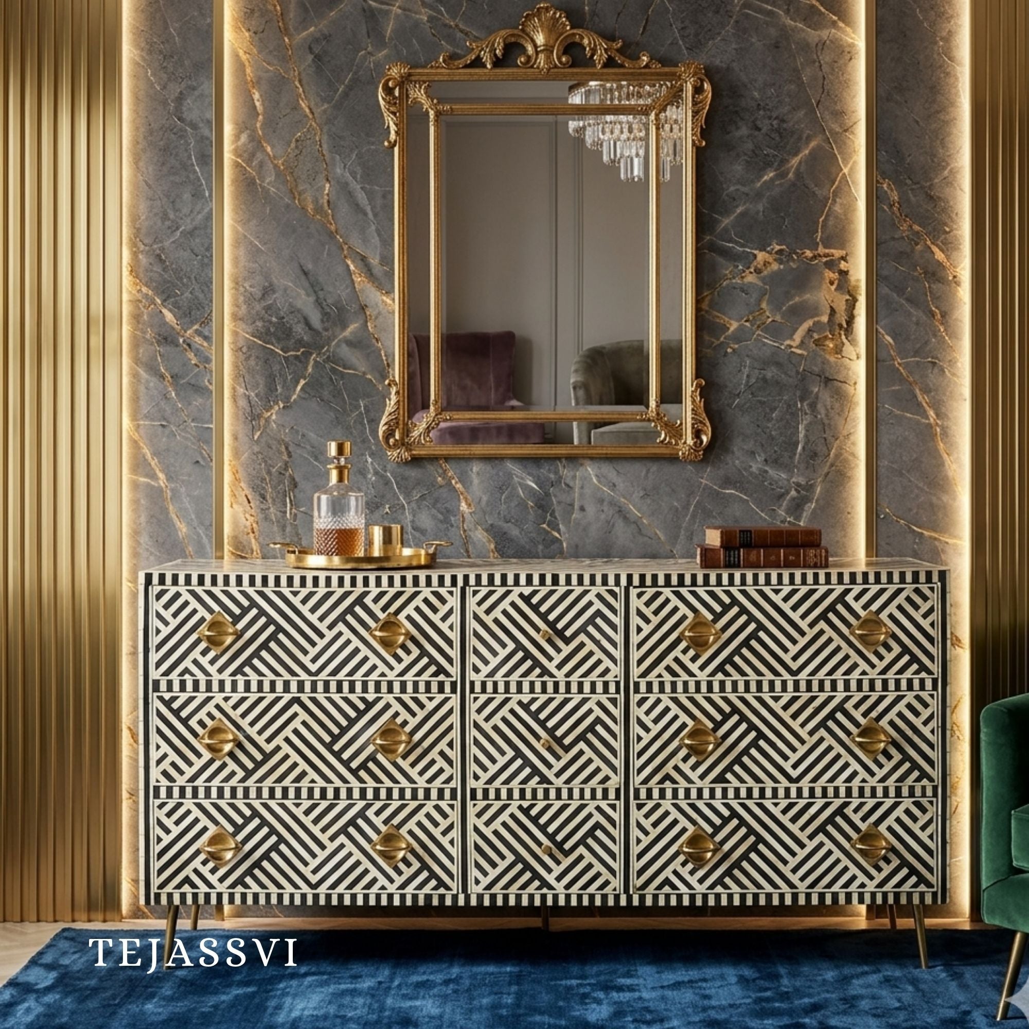 Wooden Bone Inlay Sideboard / Wooden Bone Inlay 9 Drawer Dresser / Bone Inlay Chest of 9 Drawer / Bone Inlay Buffet Large Dresser / Storage Unit.