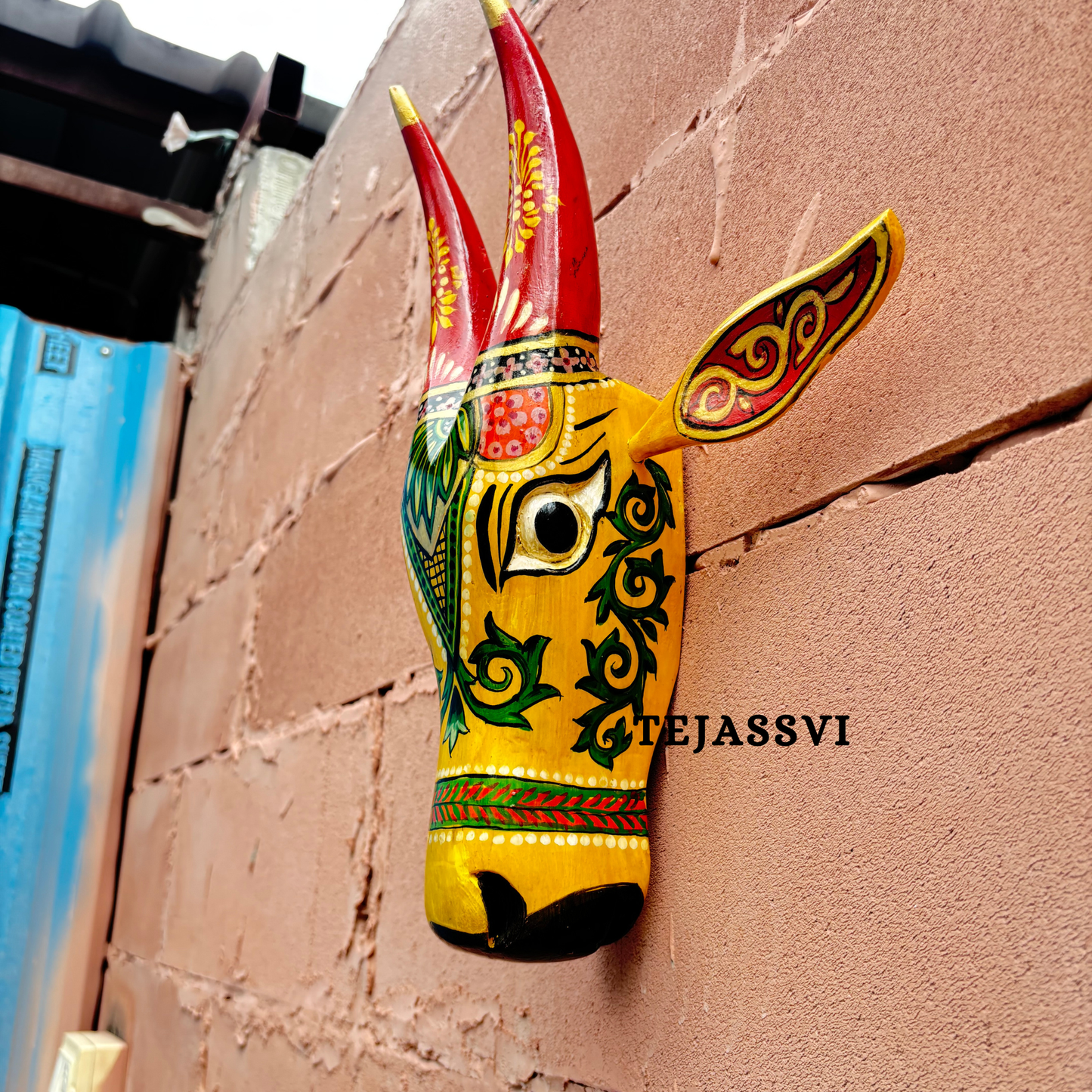 Wooden Painted Cow Head 16 Inches| Bull | Nandi Head Mask Wall Décor. Wooden Wall Hanging. Ethnic Indian Art. 16 Inches