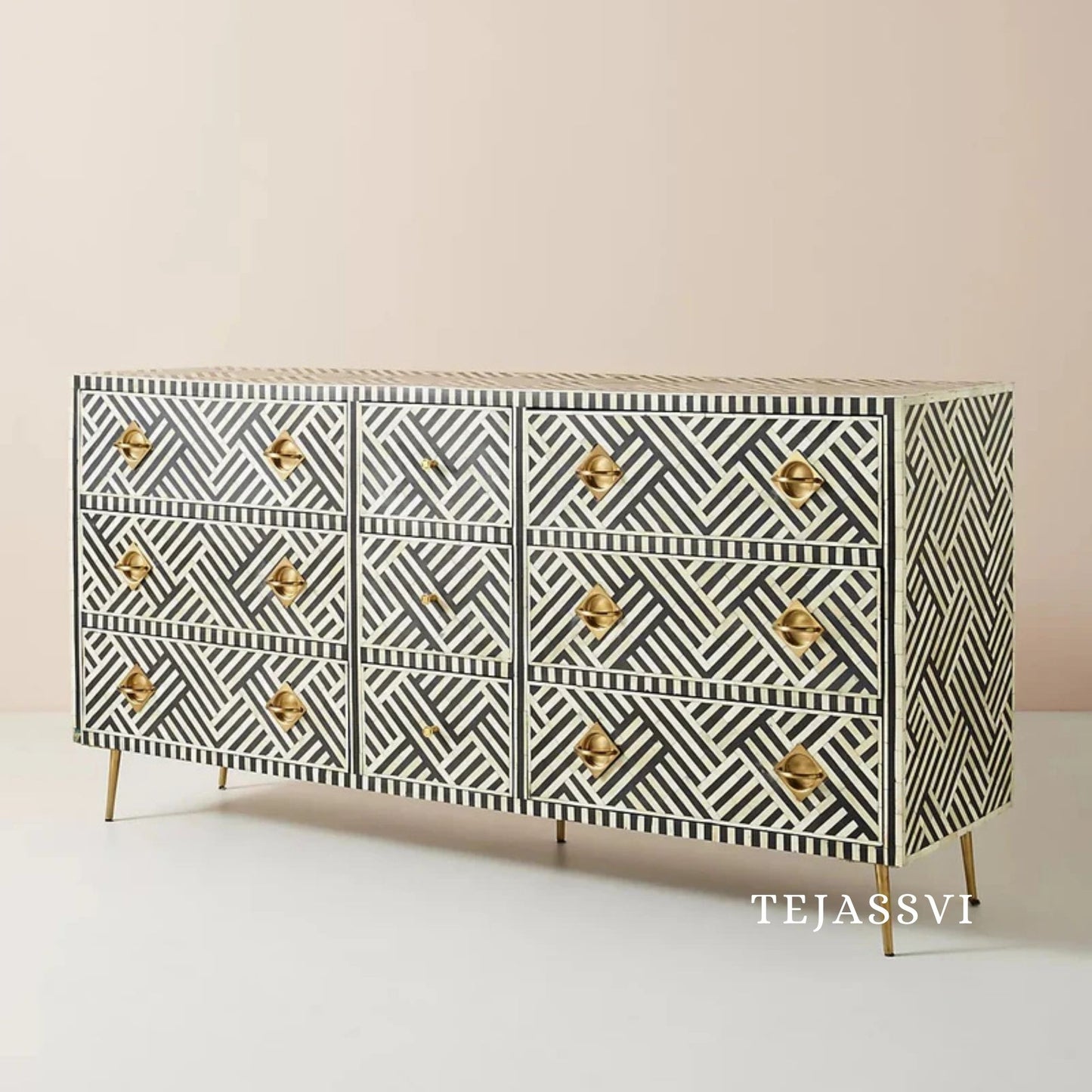 Wooden Bone Inlay Sideboard / Wooden Bone Inlay 9 Drawer Dresser / Bone Inlay Chest of 9 Drawer / Bone Inlay Buffet Large Dresser / Storage Unit.