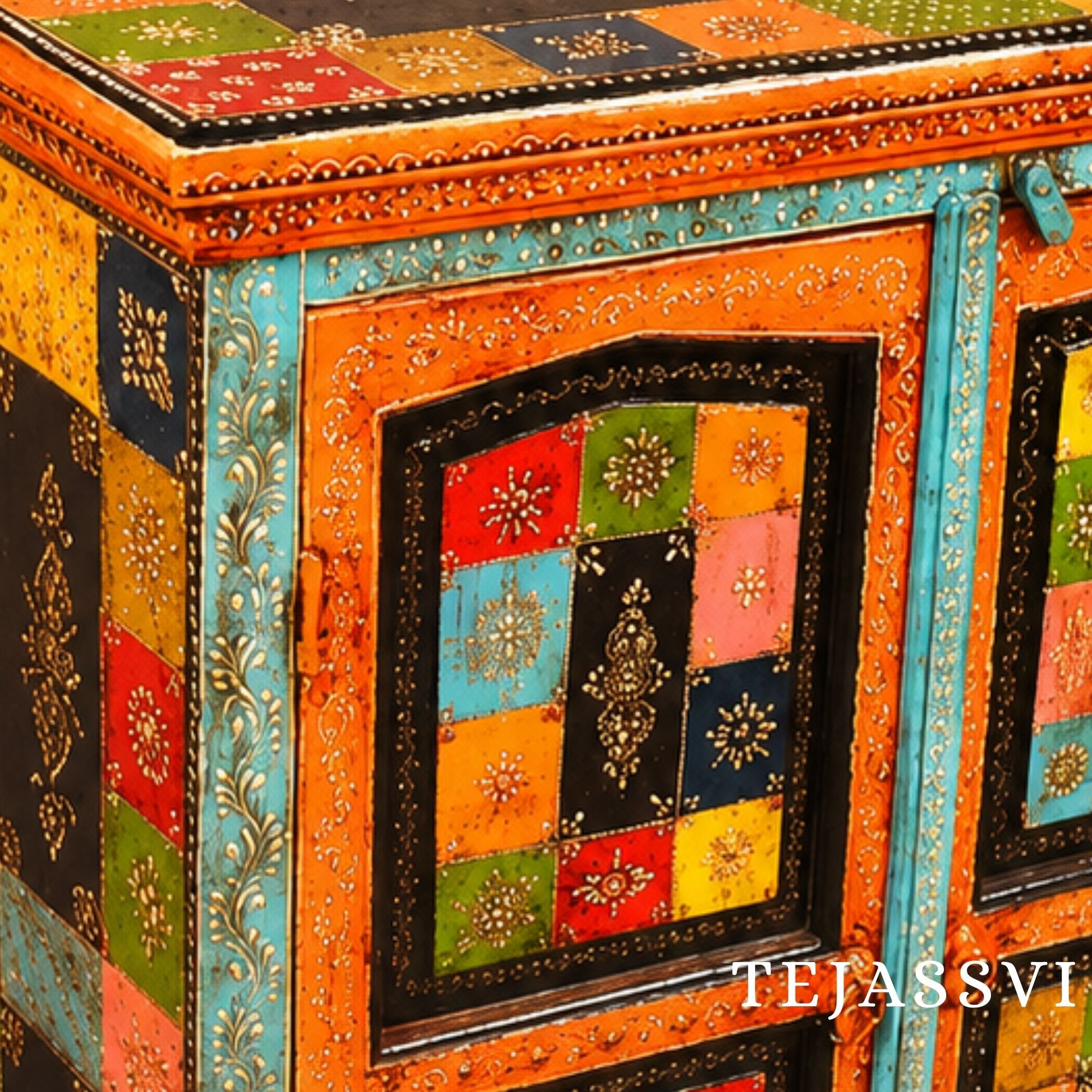 Wooden Indian Beautiful Hand Painting Side Board / Handmade Furniture / Side Table Indian Handicrafts Décor / Home Cupboard / Storage Cabinet.