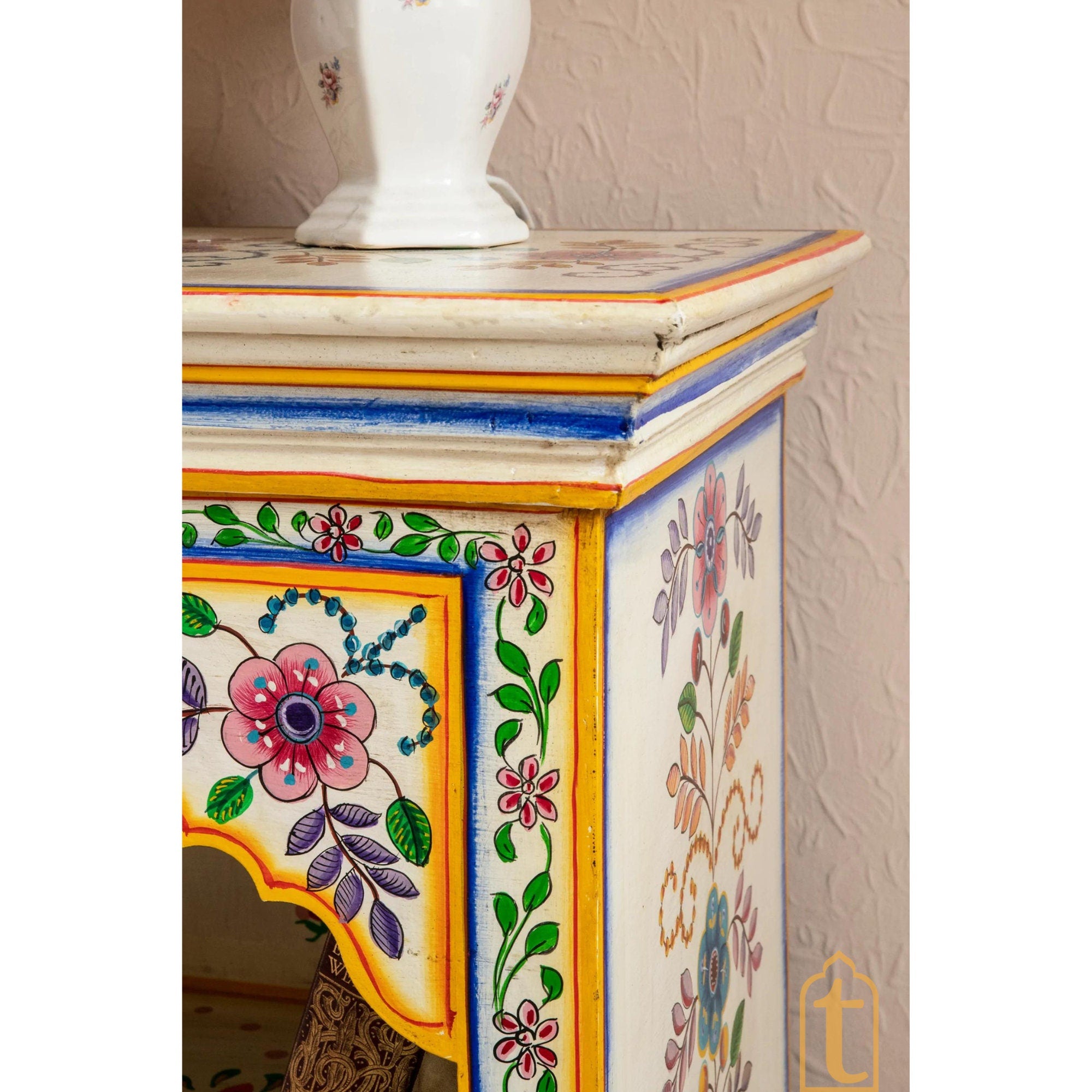 Handmade Hand Painted Bedside Table in Cream & Yellow Home Décor Table / Bedroom Table / Side Table / Indian Moroccan Painted Furniture.