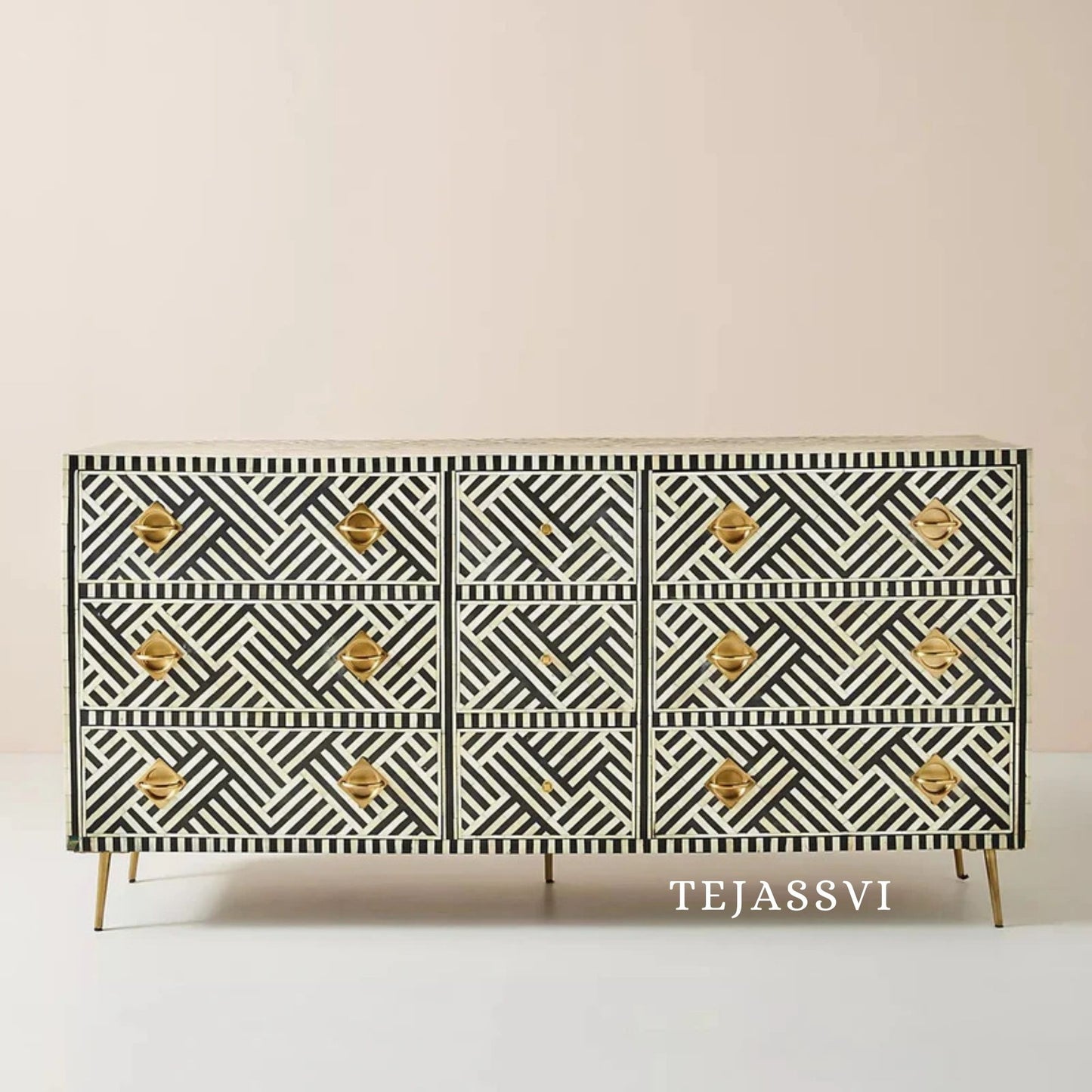 Wooden Bone Inlay Sideboard / Wooden Bone Inlay 9 Drawer Dresser / Bone Inlay Chest of 9 Drawer / Bone Inlay Buffet Large Dresser / Storage Unit.