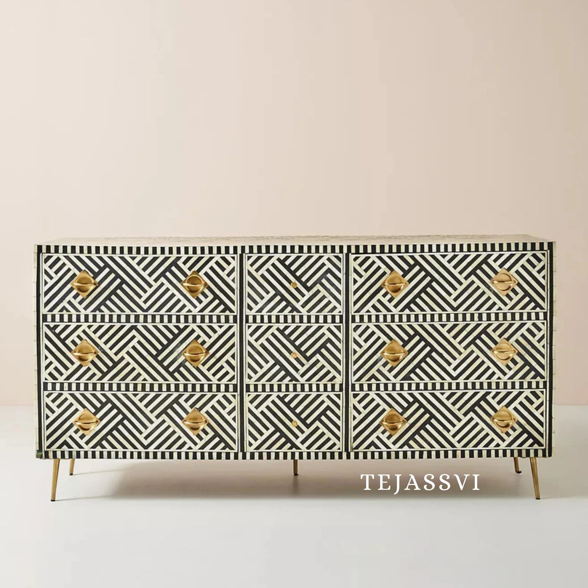 Wooden Bone Inlay Sideboard / Wooden Bone Inlay 9 Drawer Dresser / Bone Inlay Chest of 9 Drawer / Bone Inlay Buffet Large Dresser / Storage Unit.
