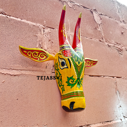 Wooden Painted Cow Head 16 Inches| Bull | Nandi Head Mask Wall Décor. Wooden Wall Hanging. Ethnic Indian Art. 16 Inches