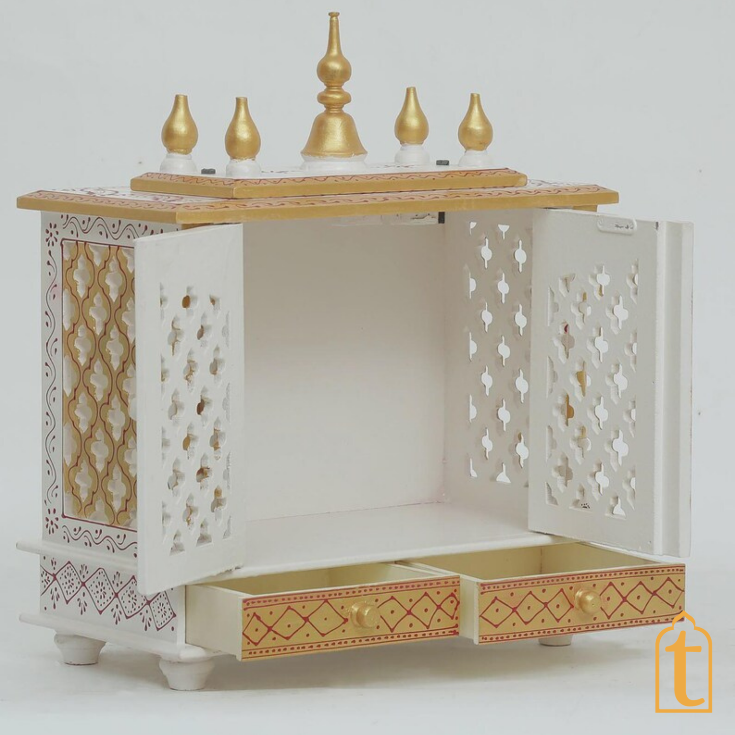Handcrafted Wooden Wall Mounted Mandir: Home Pooja Ghar with Drawers