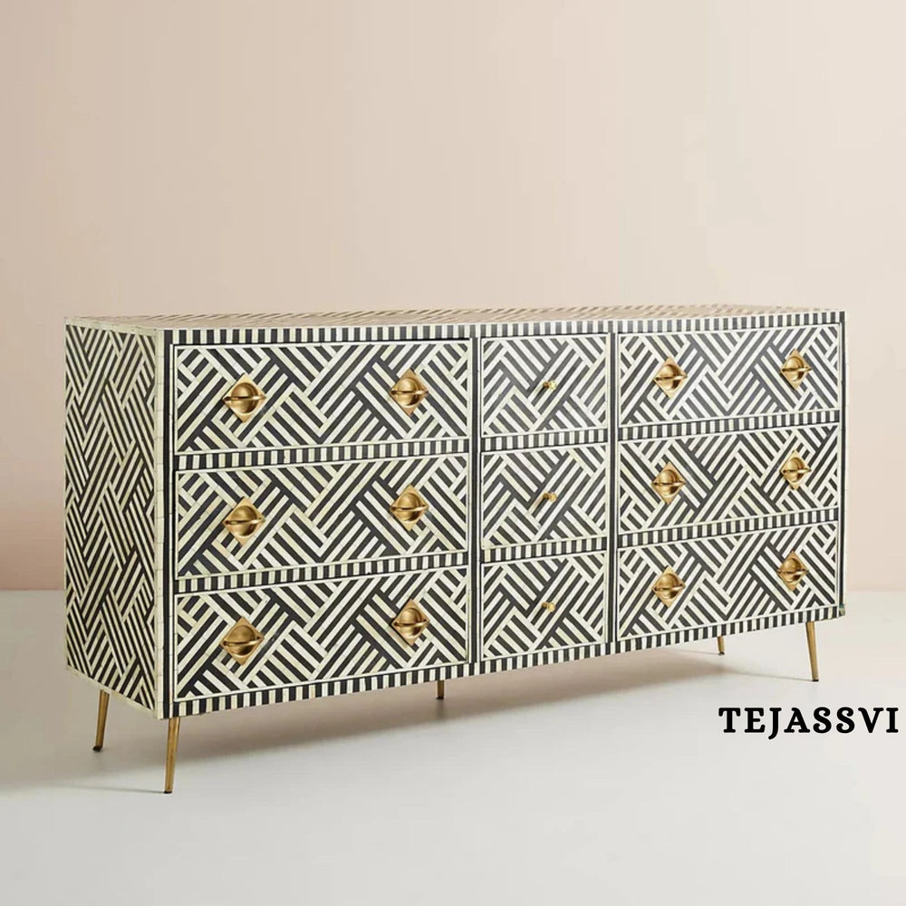 Wooden Bone Inlay Sideboard / Wooden Bone Inlay 9 Drawer Dresser / Bone Inlay Chest of 9 Drawer / Bone Inlay Buffet Large Dresser / Storage Unit.