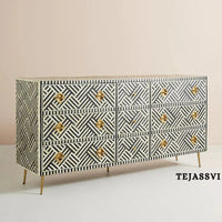 Wooden Bone Inlay Sideboard / Wooden Bone Inlay 9 Drawer Dresser / Bone Inlay Chest of 9 Drawer / Bone Inlay Buffet Large Dresser / Storage Unit.