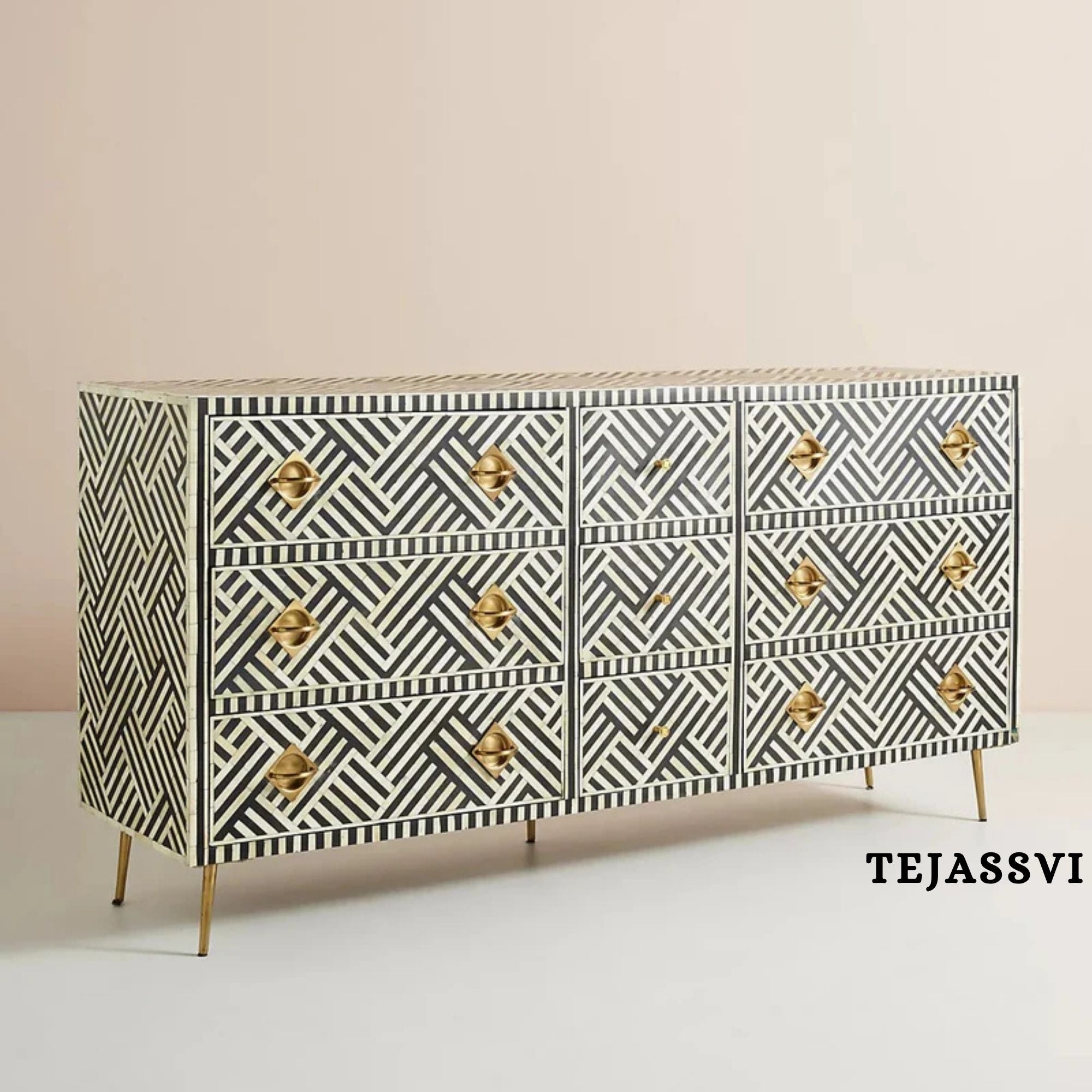 Wooden Bone Inlay Sideboard / Wooden Bone Inlay 9 Drawer Dresser / Bone Inlay Chest of 9 Drawer / Bone Inlay Buffet Large Dresser / Storage Unit.
