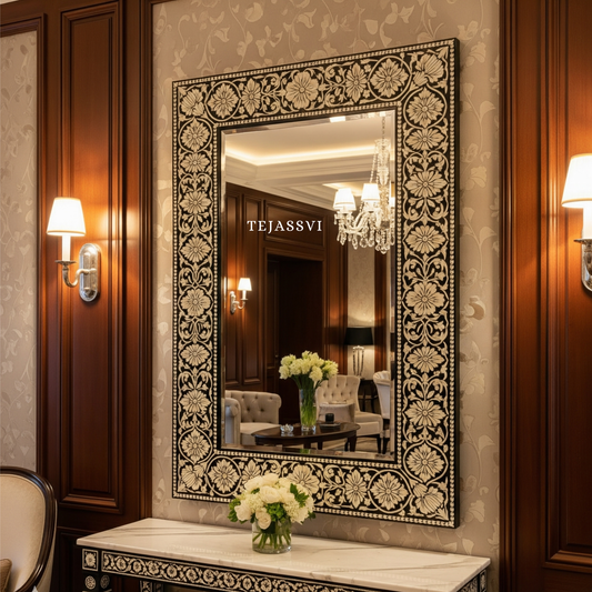 Bone Inlay floral design  black Color Wall Hanging Large Mirror  / wooden bone inlay wall mirror / Wall Décor / Wall Hanging.