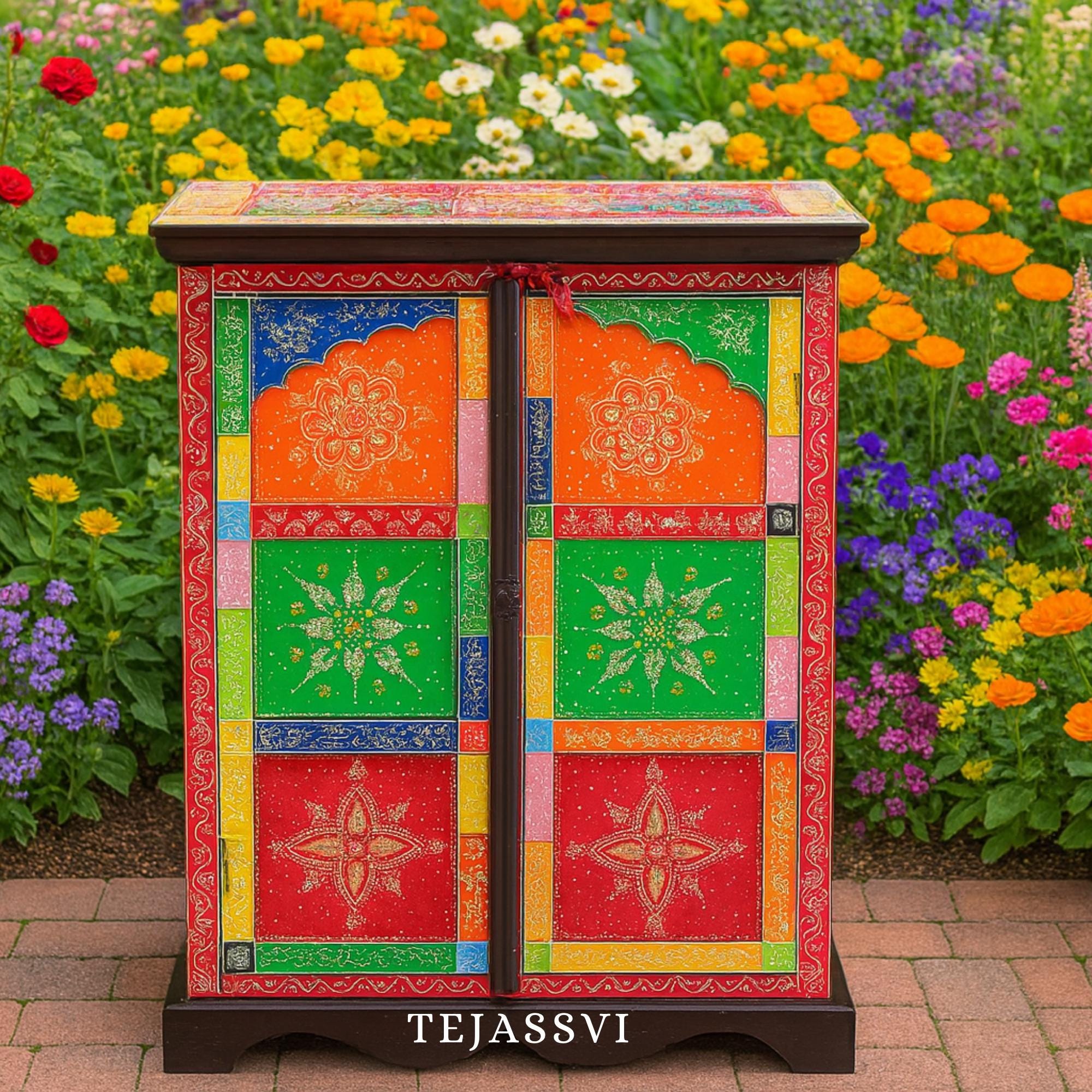 Wooden Indian Beautiful Hand Painting Side Board / Handmade Furniture / Side Table Indian Handicrafts Décor / Home Cupboard / Storage Cabinet.