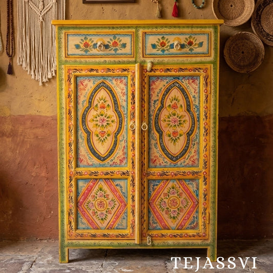 Wooden Hand Painted Sideboard / Wooden Floral Painted Sideboard / Vintage Home Décor Storage Cabinet / Living Room Furniture / Indian Ethnic Style Wardrobe.