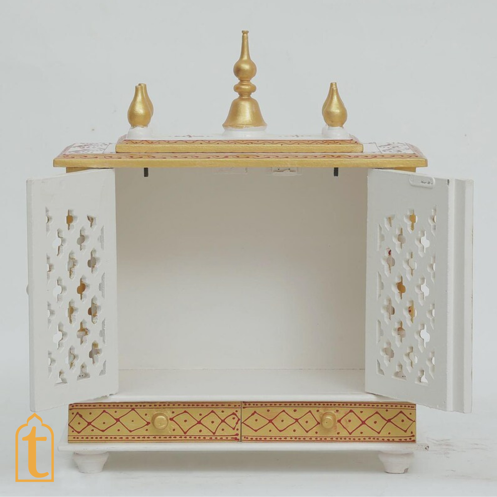 Handcrafted Wooden Wall Mounted Mandir: Home Pooja Ghar with Drawers