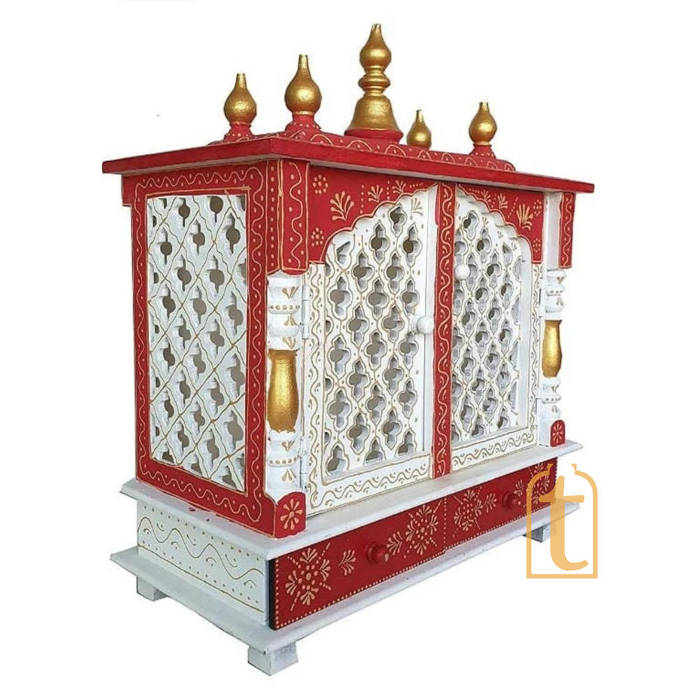 Large Handmade Wooden Pooja Temple | Brown Wall Hanging Mandir with Door | Home Prayer Room Decor