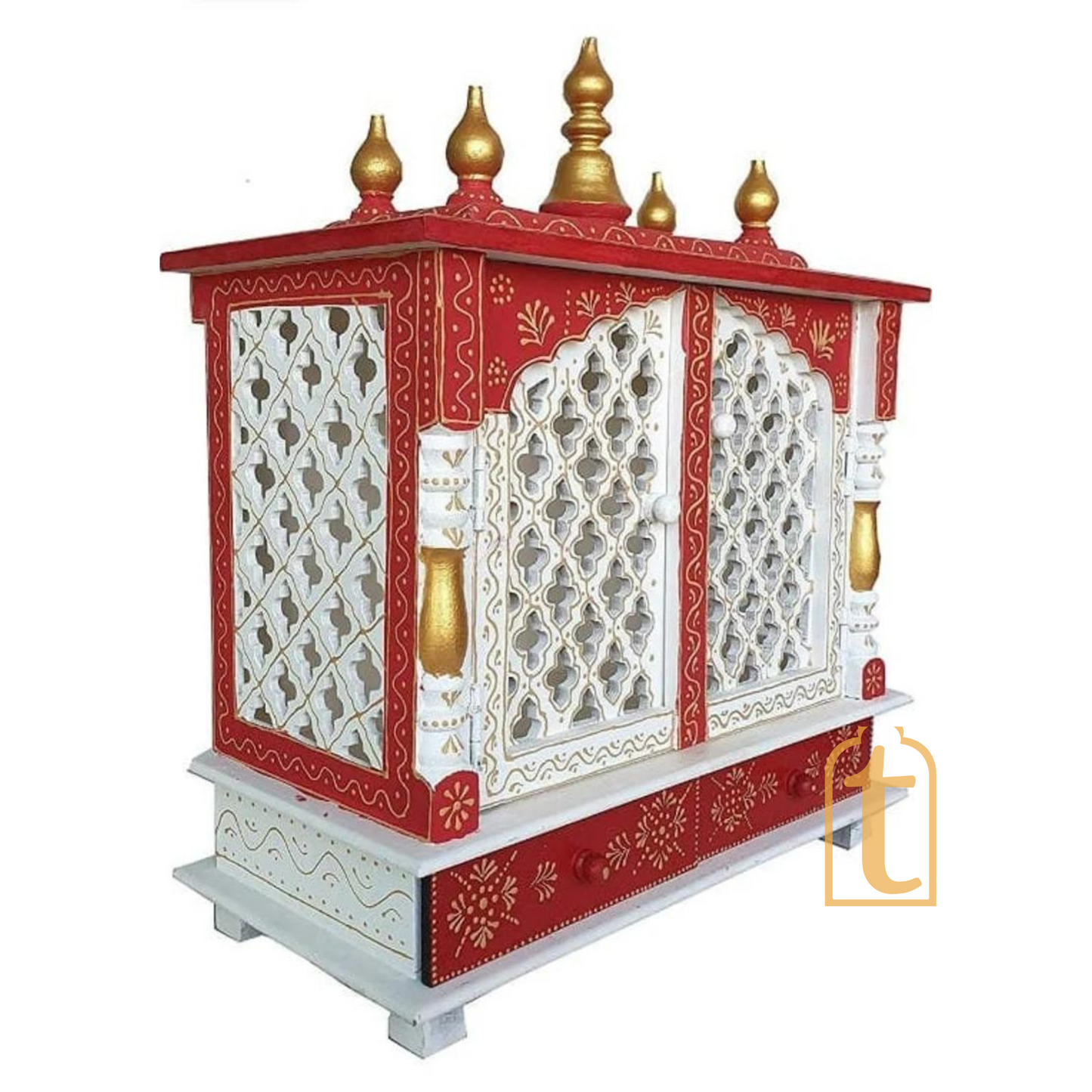 Large Handmade Wooden Pooja Temple | Brown Wall Hanging Mandir with Door | Home Prayer Room Decor