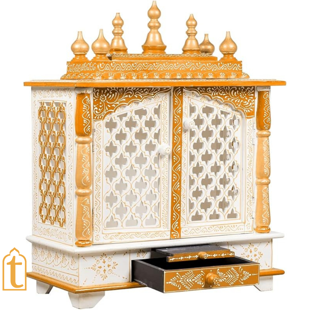 Handcrafted Wooden Temple Mandir White and Blue Finish Wall Mounted Pooja Ghar