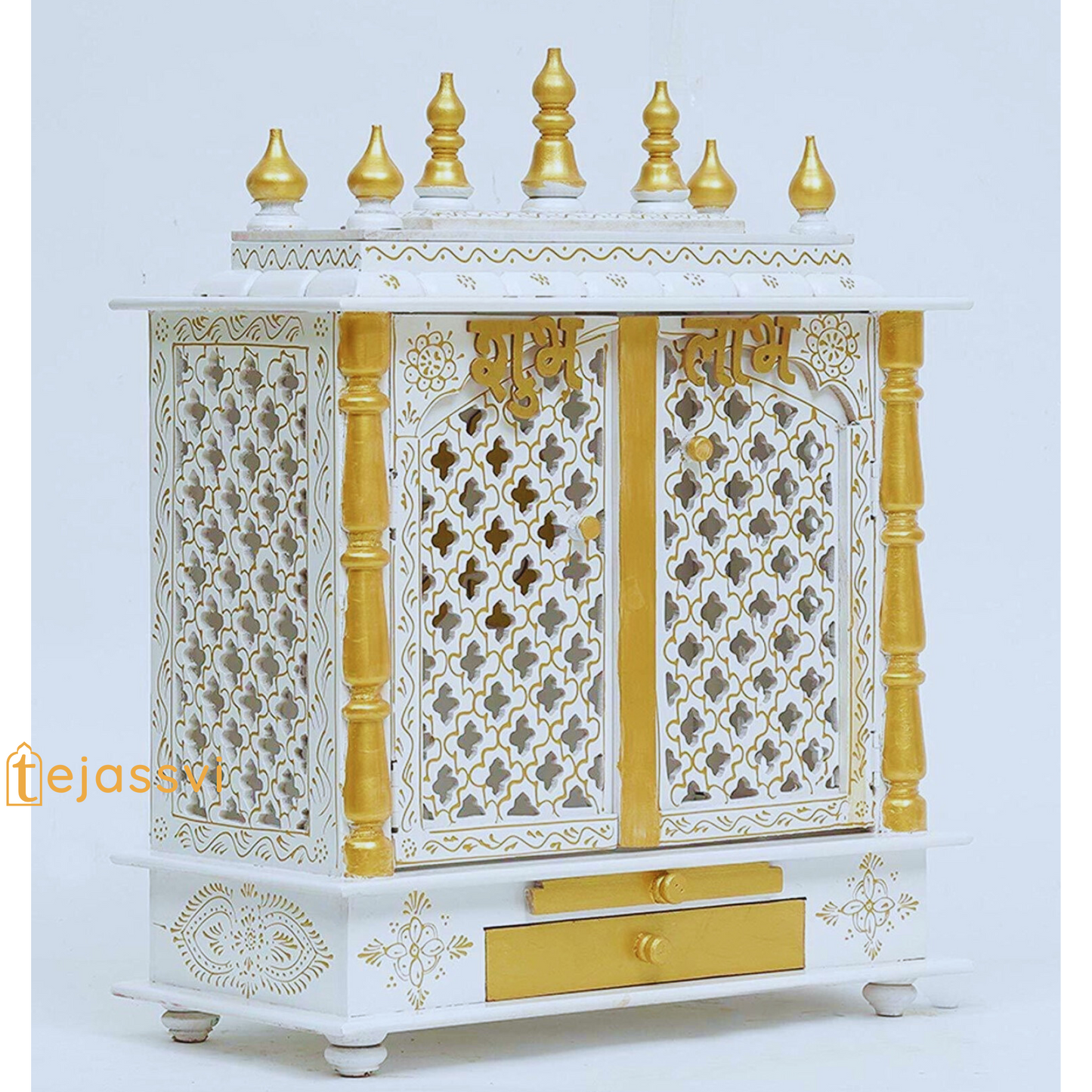 Wooden Pooja Ghar for Home | Large Wall Hanging Temple with Doors | Handmade Brown Mandir for Prayer Room