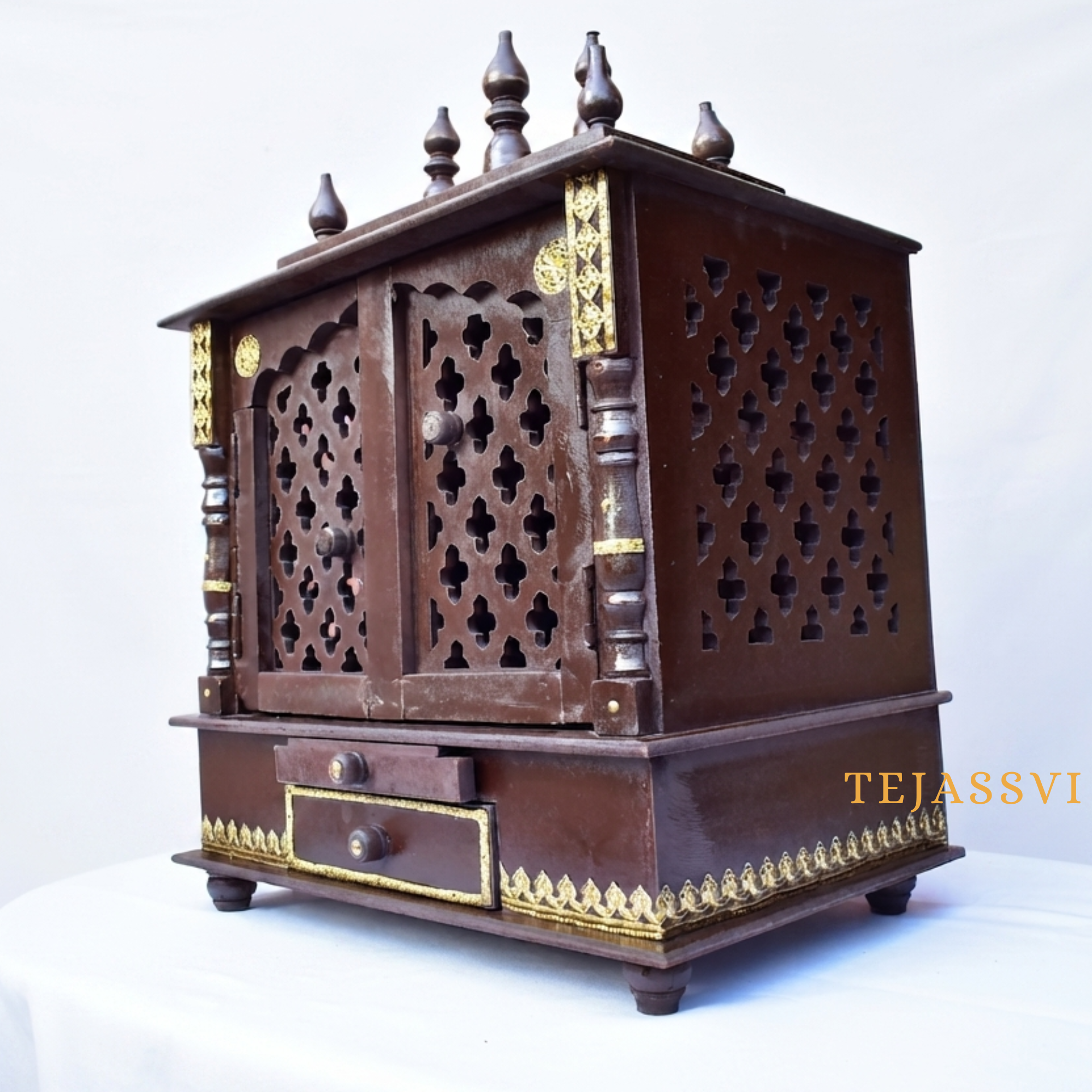 Wooden Wall Mounted Pooja Mandir with Door and Metal | Large Handmade Brown Home Temple | Traditional Prayer Altar & Wooden Pooja Ghar for Worship