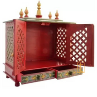 Wall Mount Wooden Pooja Temple | Large Handmade Prayer Mandir with Door | Brown Home Worship Unit