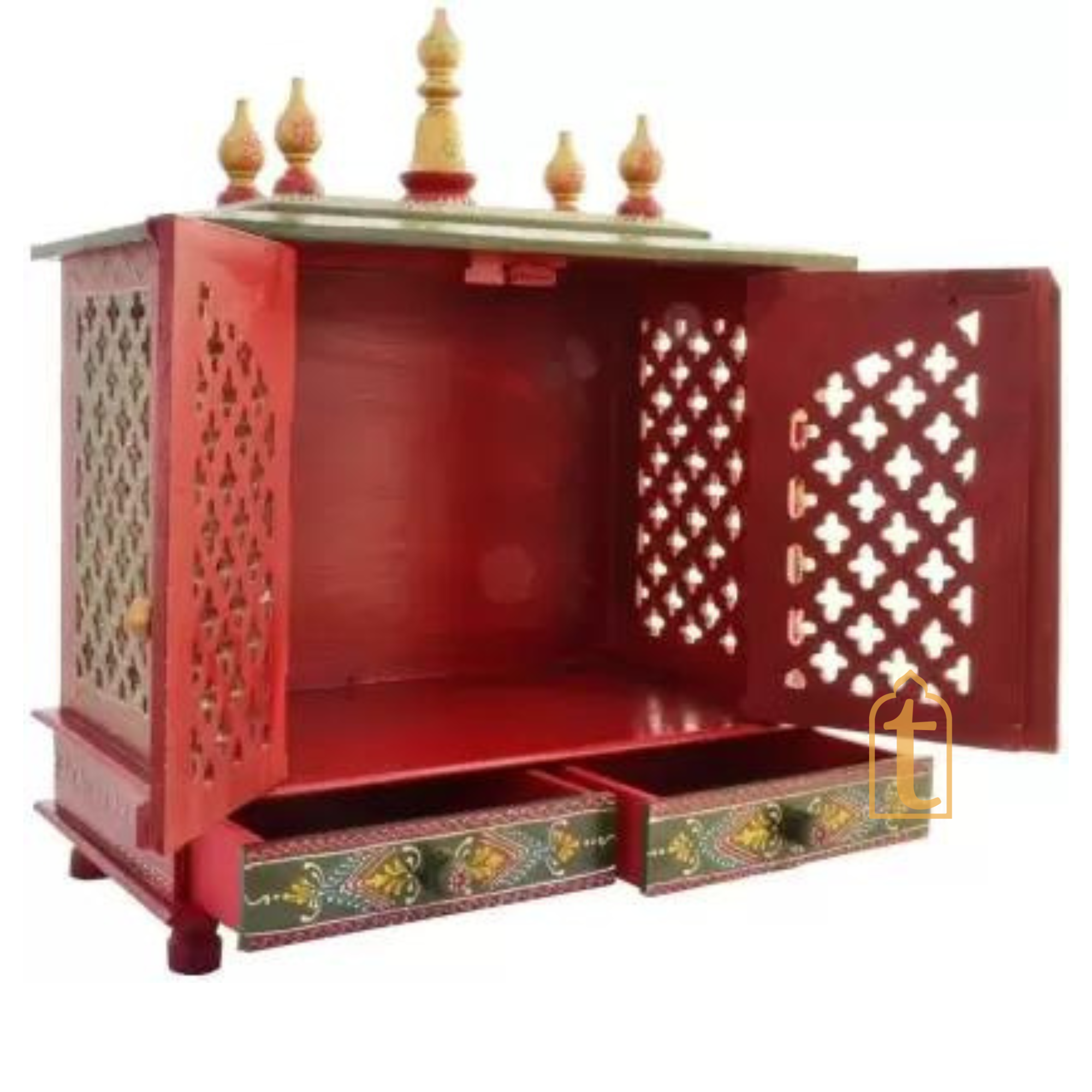 Wall Mount Wooden Pooja Temple | Large Handmade Prayer Mandir with Door | Brown Home Worship Unit