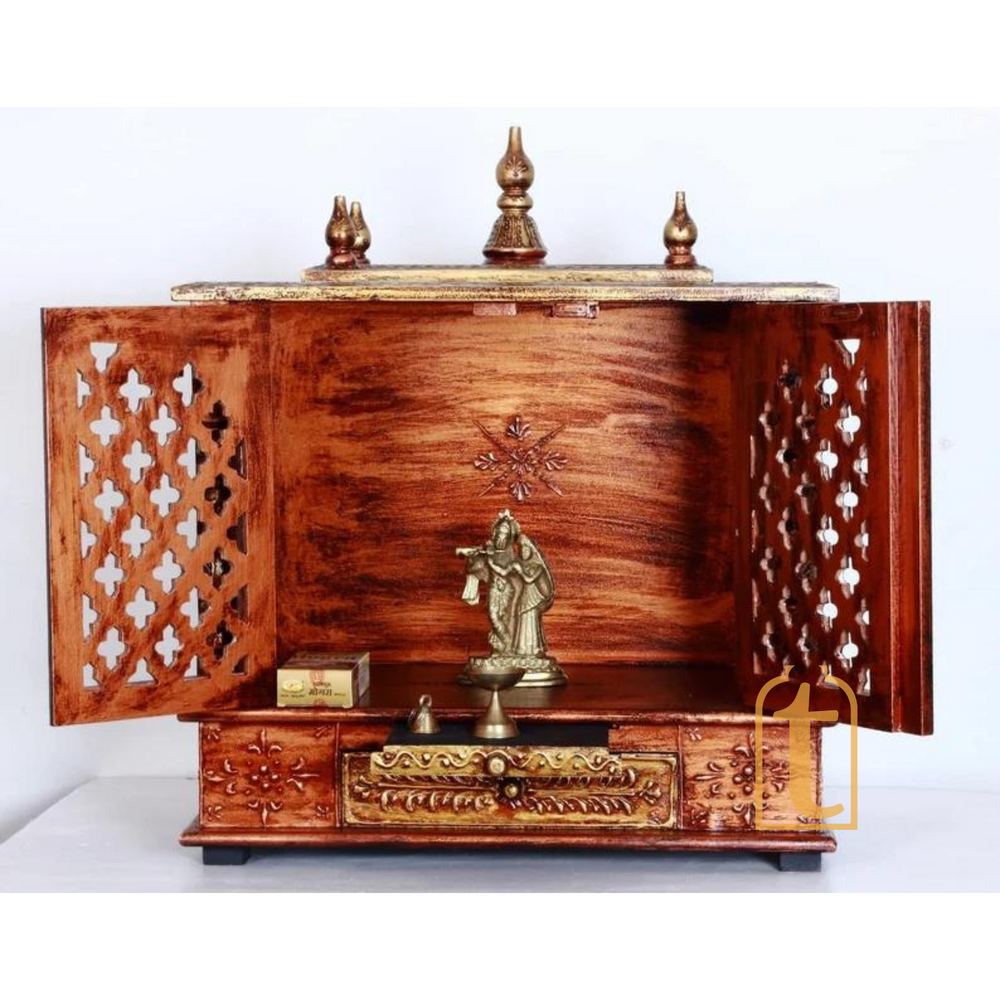 Wooden Home Temple with Door | Large Wall Mounted Pooja Mandir | Handmade Brown Prayer Shrine for Worship