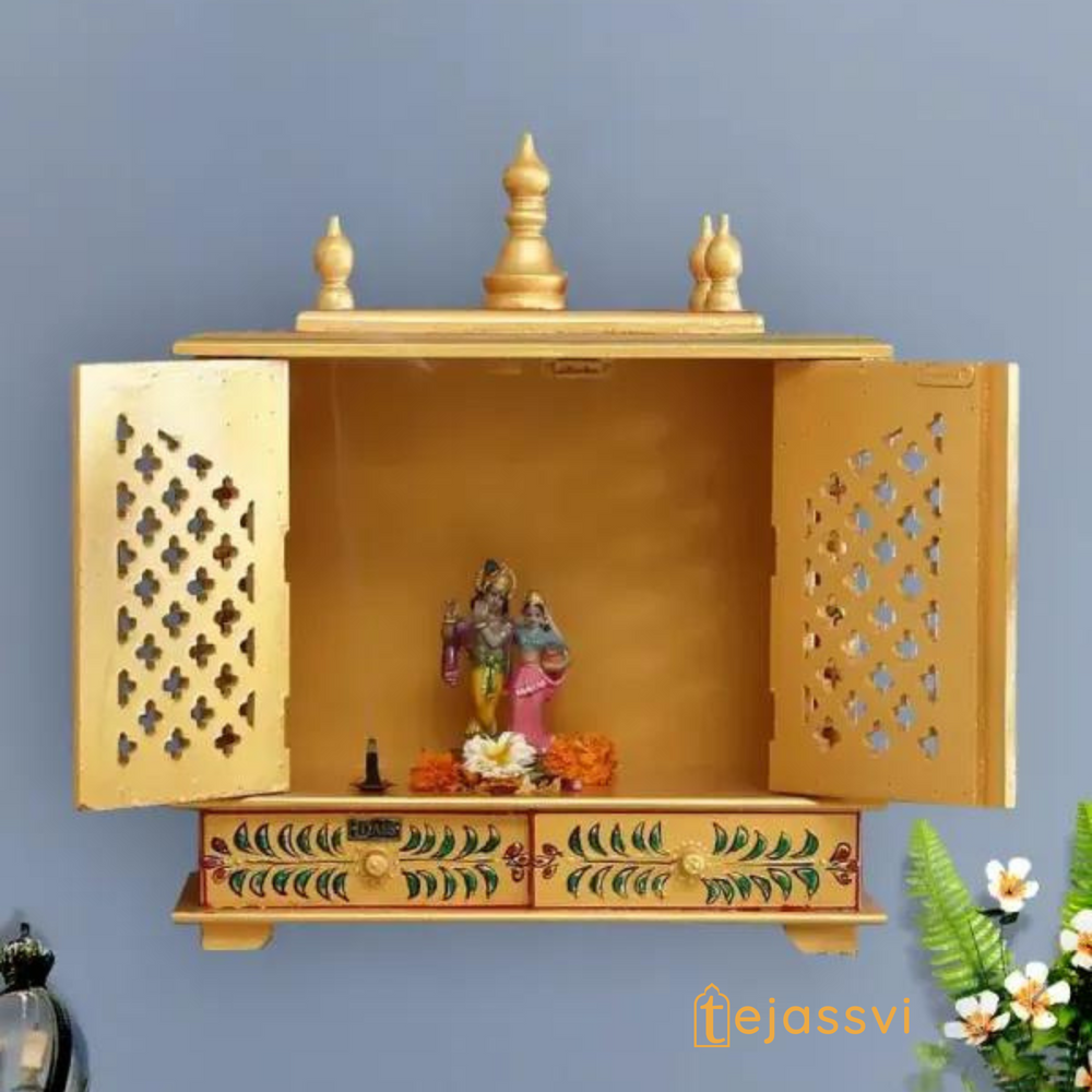 Wooden Prayer Room Altar | Large Wall Mounted Temple with Doors | Handmade Brown Pooja Mandir for Home