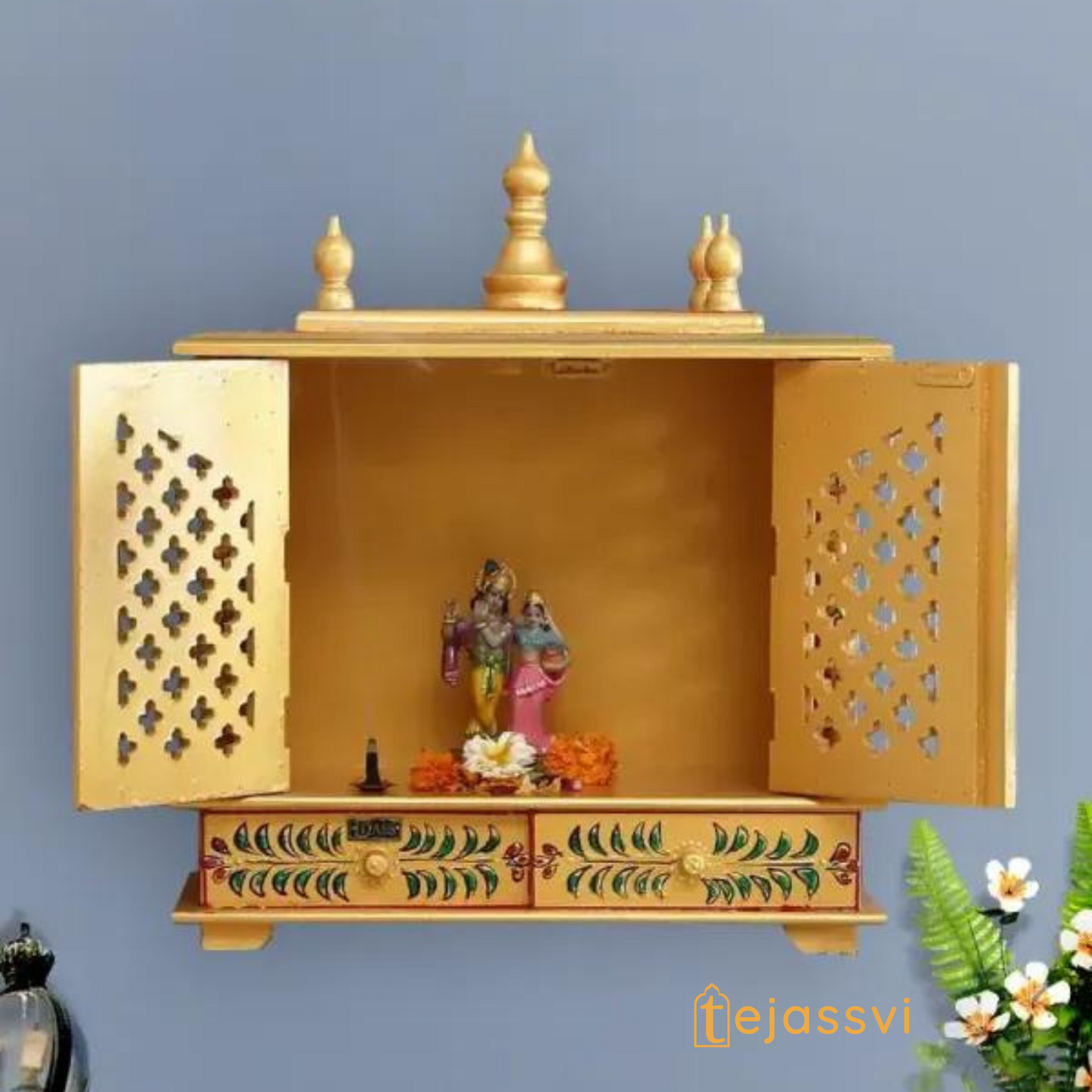 Wooden Prayer Room Altar | Large Wall Mounted Temple with Doors | Handmade Brown Pooja Mandir for Home