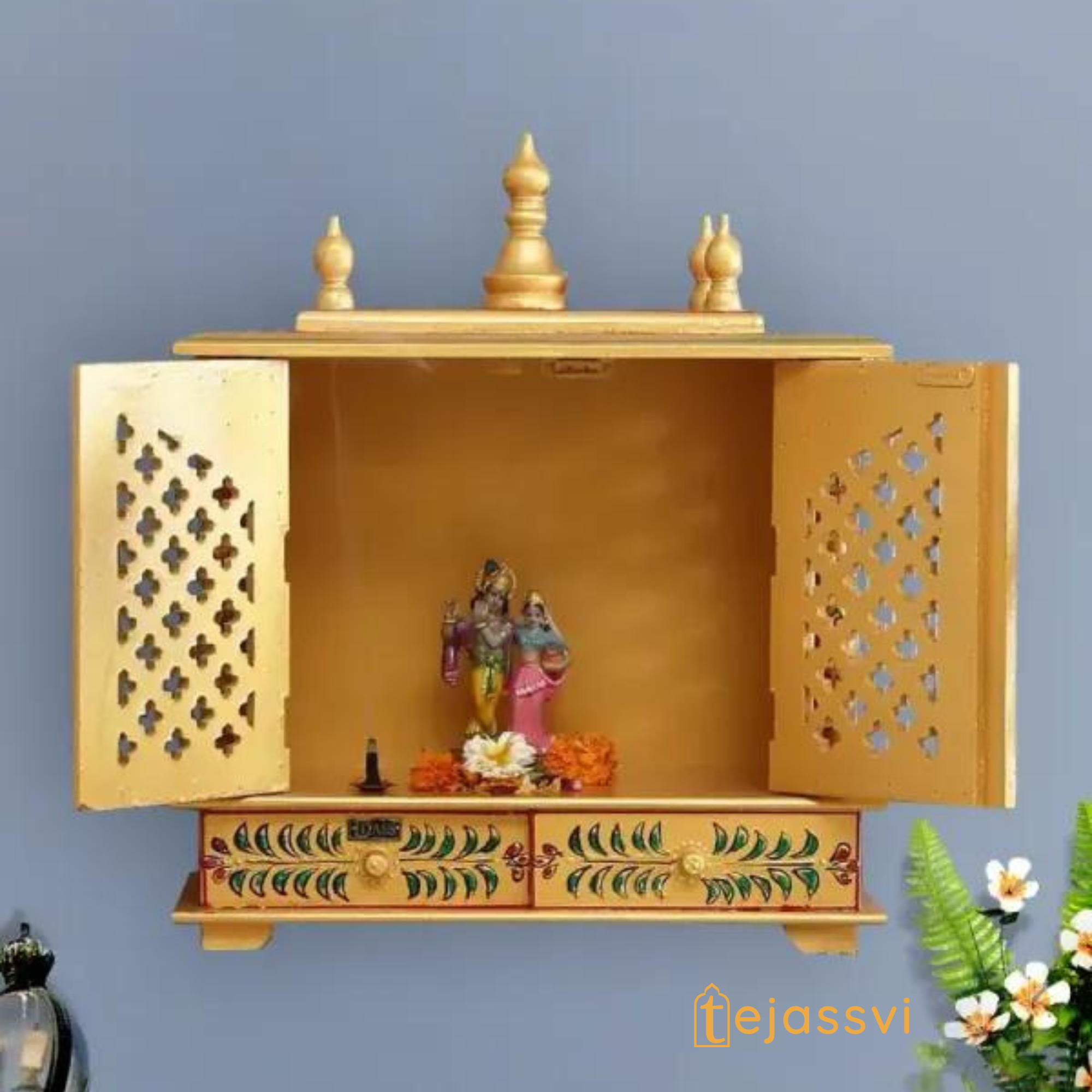 Wooden Prayer Room Altar | Large Wall Mounted Temple with Doors | Handmade Brown Pooja Mandir for Home