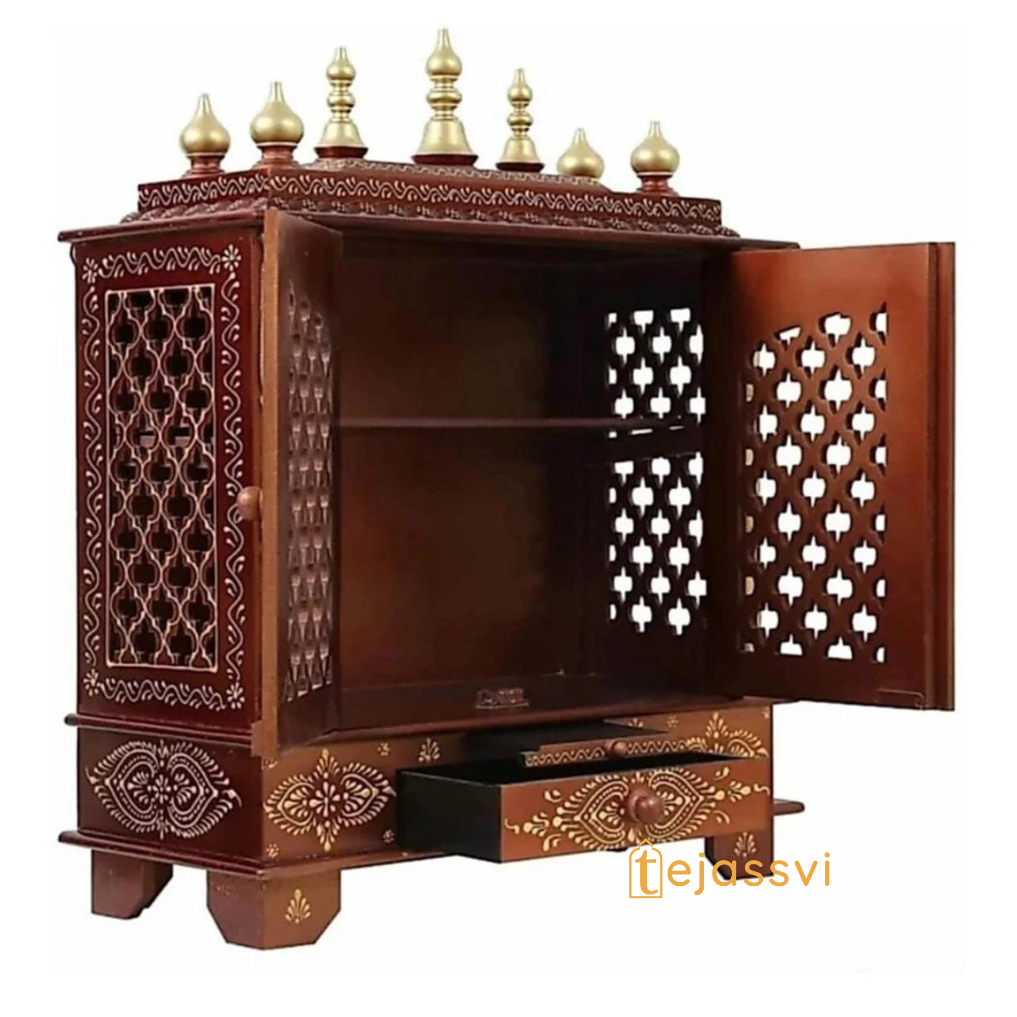 Large Wooden Temple for Home with Doors | Wall Mounted Pooja Mandir | Handmade Brown Prayer Altar for Diwali
