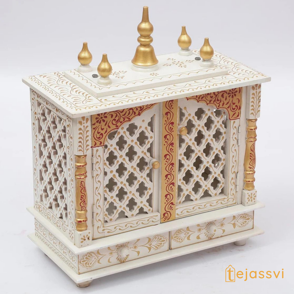 Handmade Wooden Mandir for Home | Wall Hanging Temple with Door | Large Brown Prayer Altar & Pooja Ghar