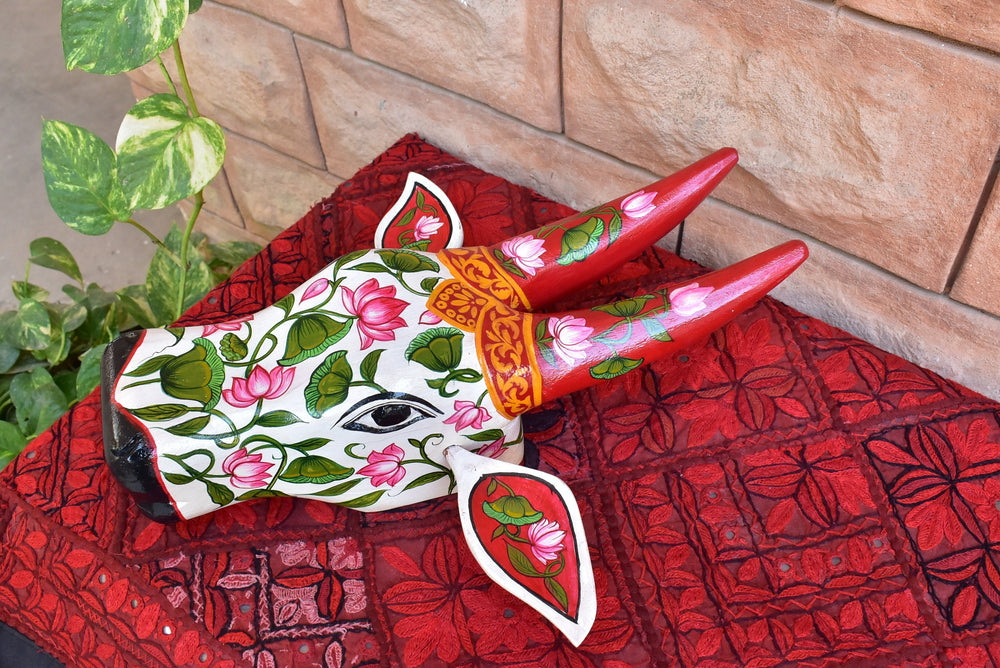 Wooden Painted Bull | Nandi | Cow | head | face mask for wall décor. 14” long. Handmade artwork for interior from Kerala India.