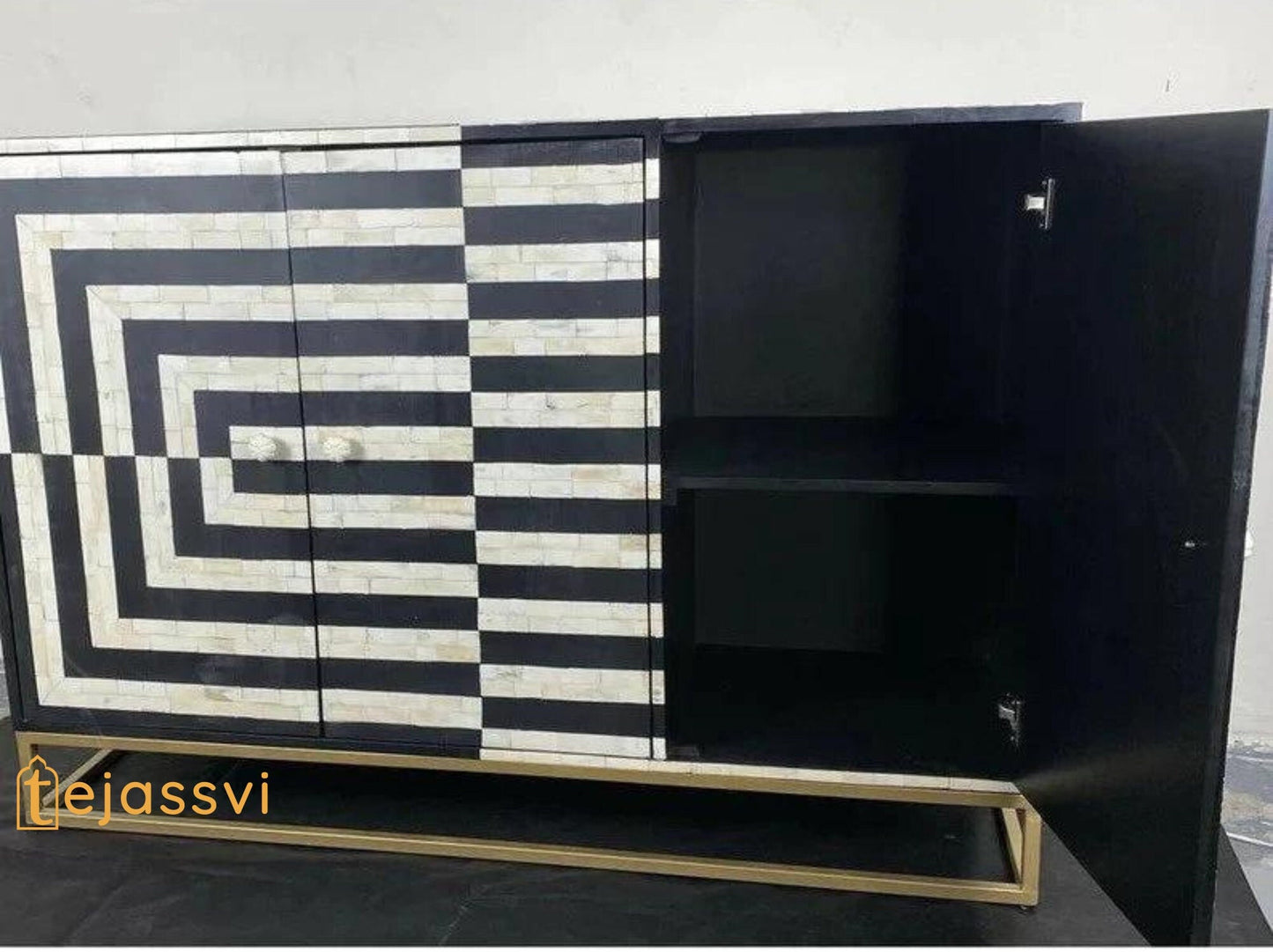 Handmade Indian Luxury Buffet/Table Bone Inlay Geometric Design Sideboard | Media Console & TV Unit  | Buffet Table in abstract Black Color.