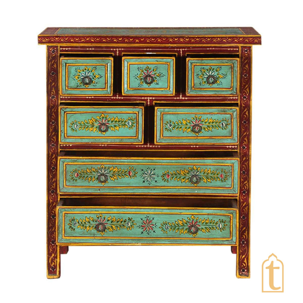 Indian Hand Painted Green Garden Mango Wood Chest of 7 Drawers / Large Chest of Drawer for Living Room | Traditional Side Table with Drawers.